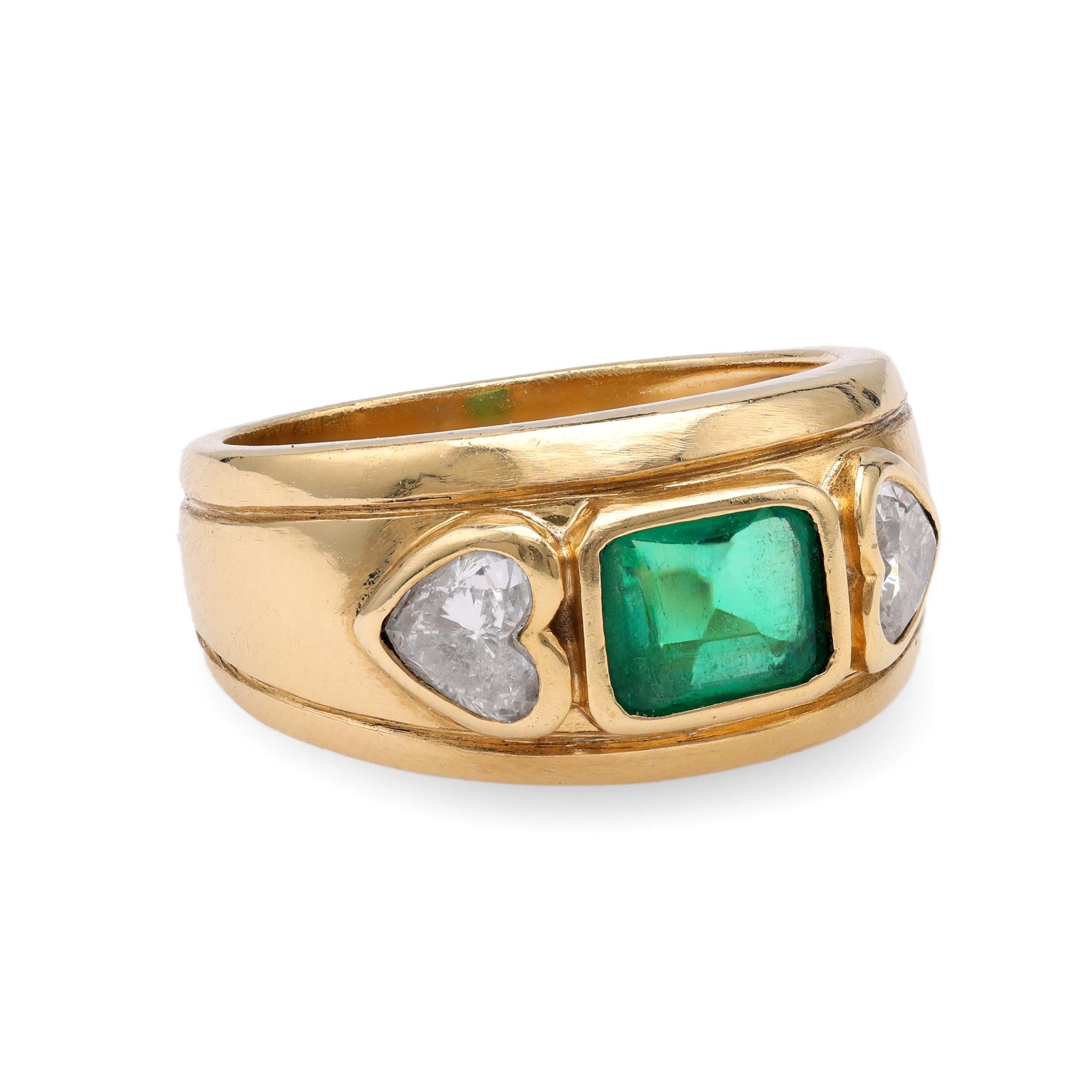 Französischer Smaragd-Diamant-Gelbgoldring (Smaragdschliff)