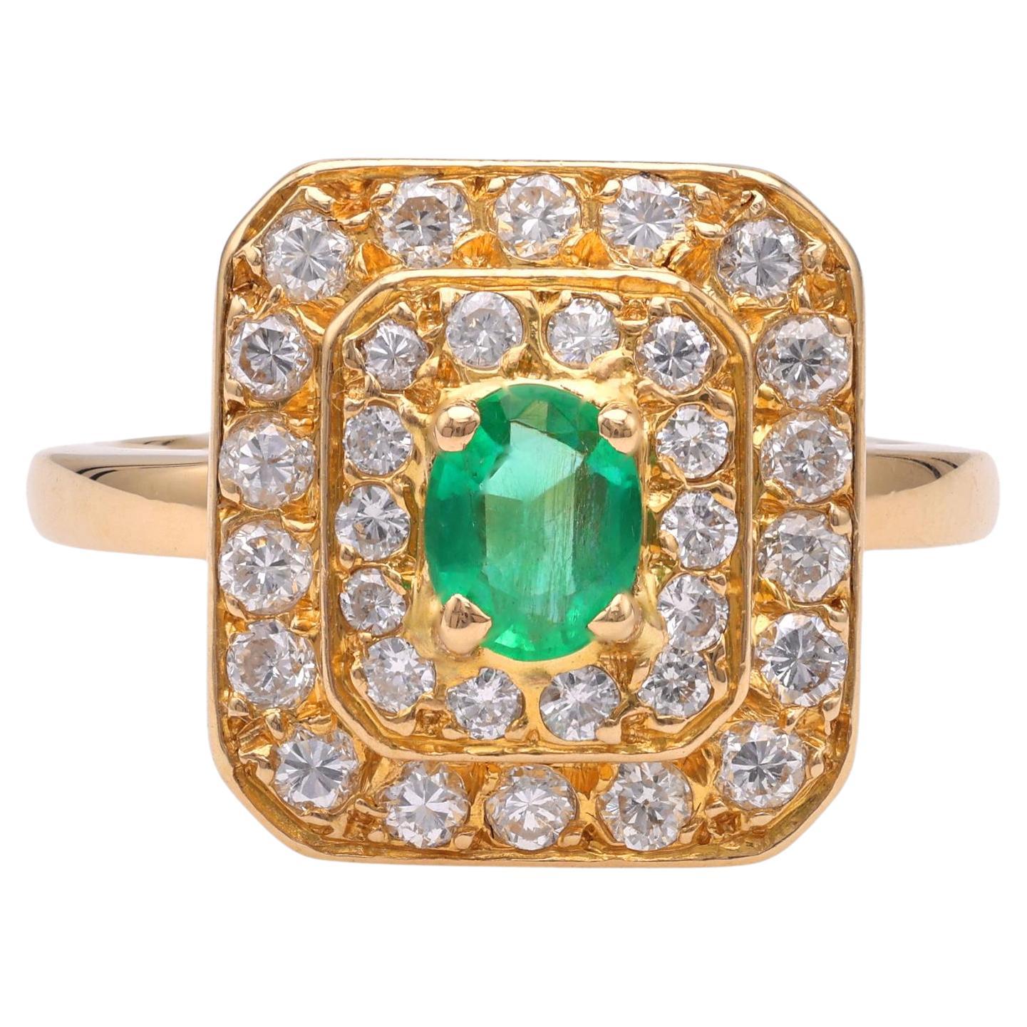 French Emerald Diamond Yellow Gold Ring For Sale