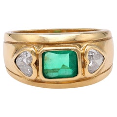 Vintage French Emerald Diamond Yellow Gold Ring