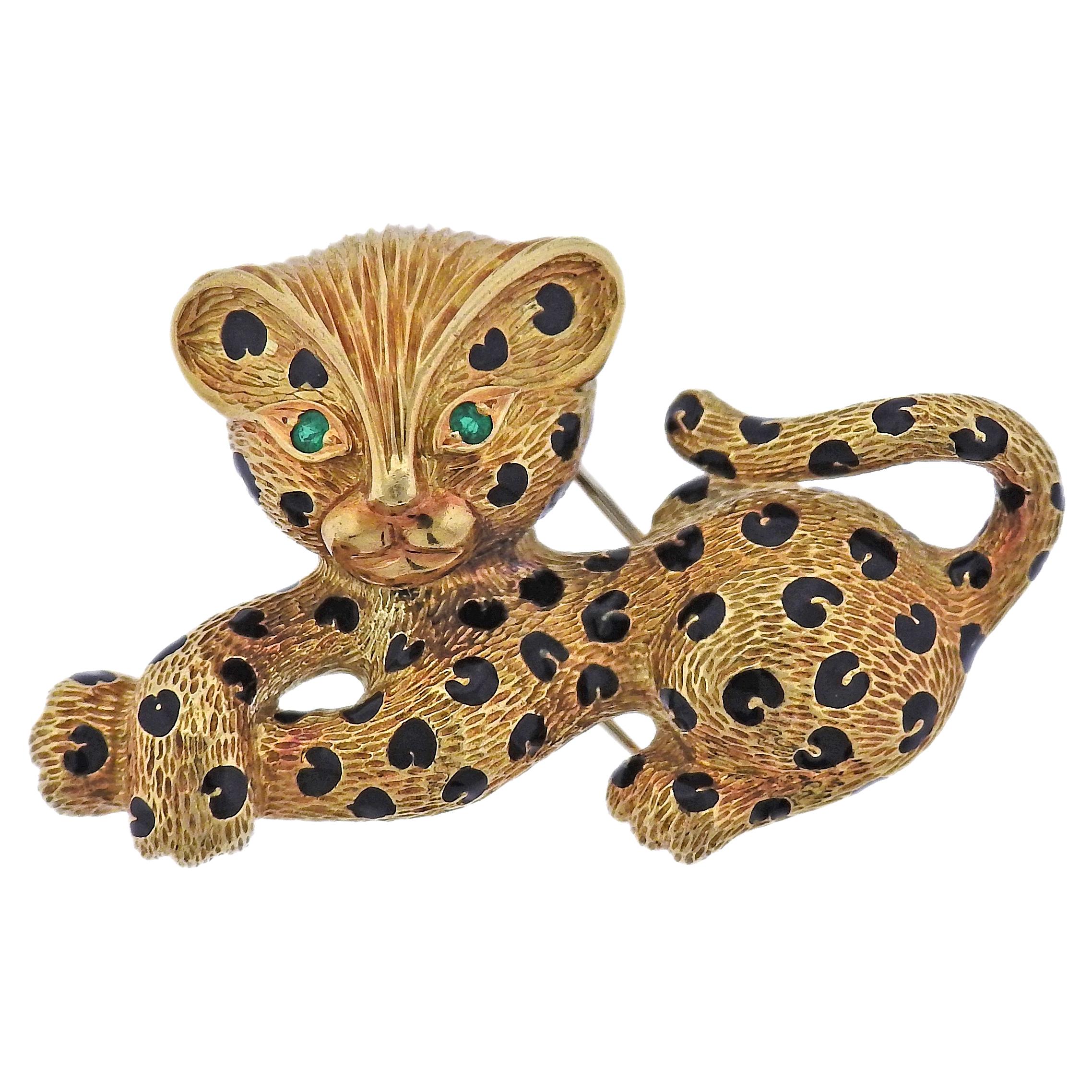 French Emerald Enamel Gold Leopard Brooch Pin