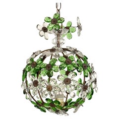 French Emerald Green Flower Crystal Prisms Maison Baguès Style Chandelier, 1950s