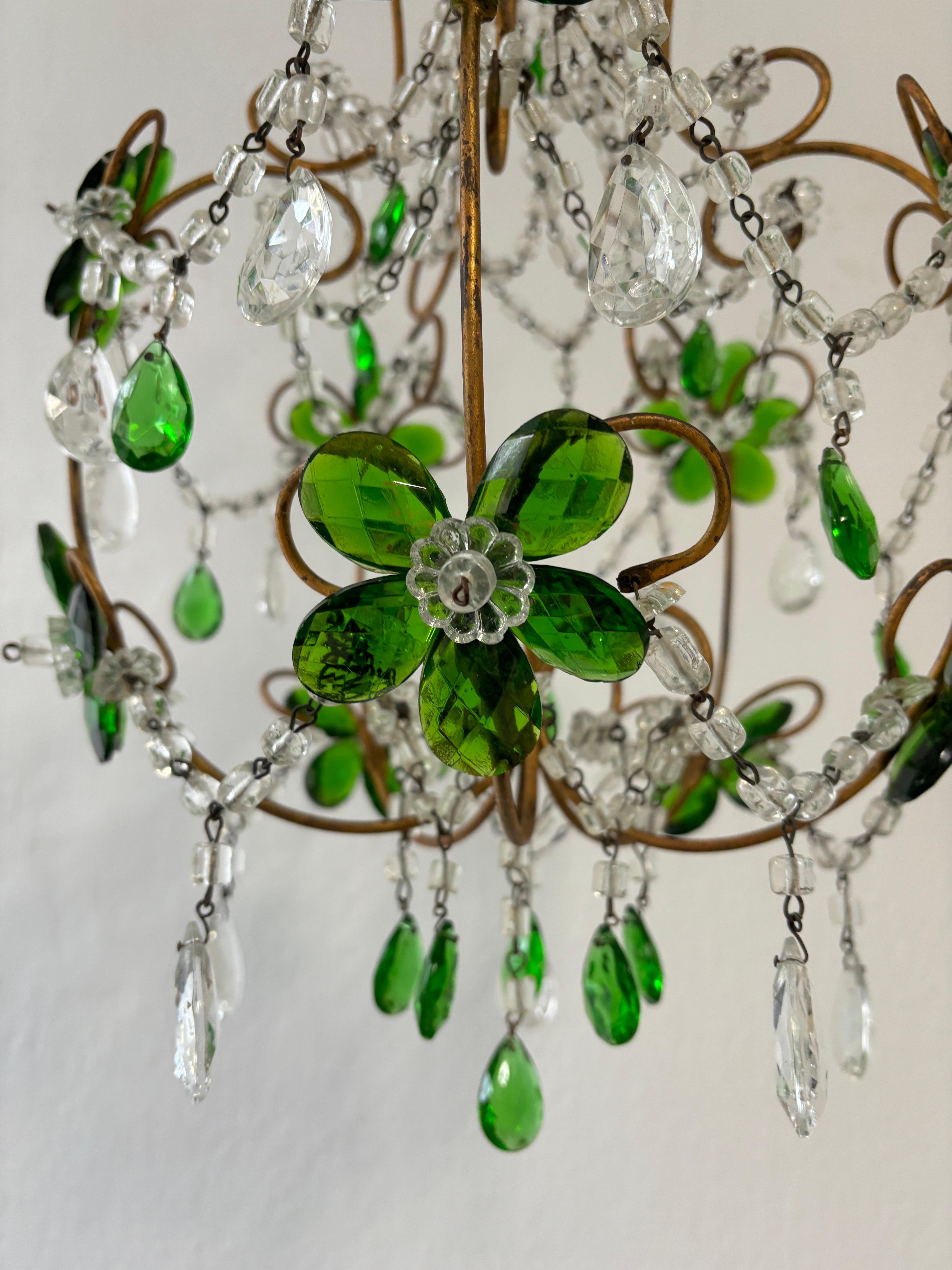 French Emerald Green Flower Crystal Prisms Maison Baguès Style Chandelier For Sale 6