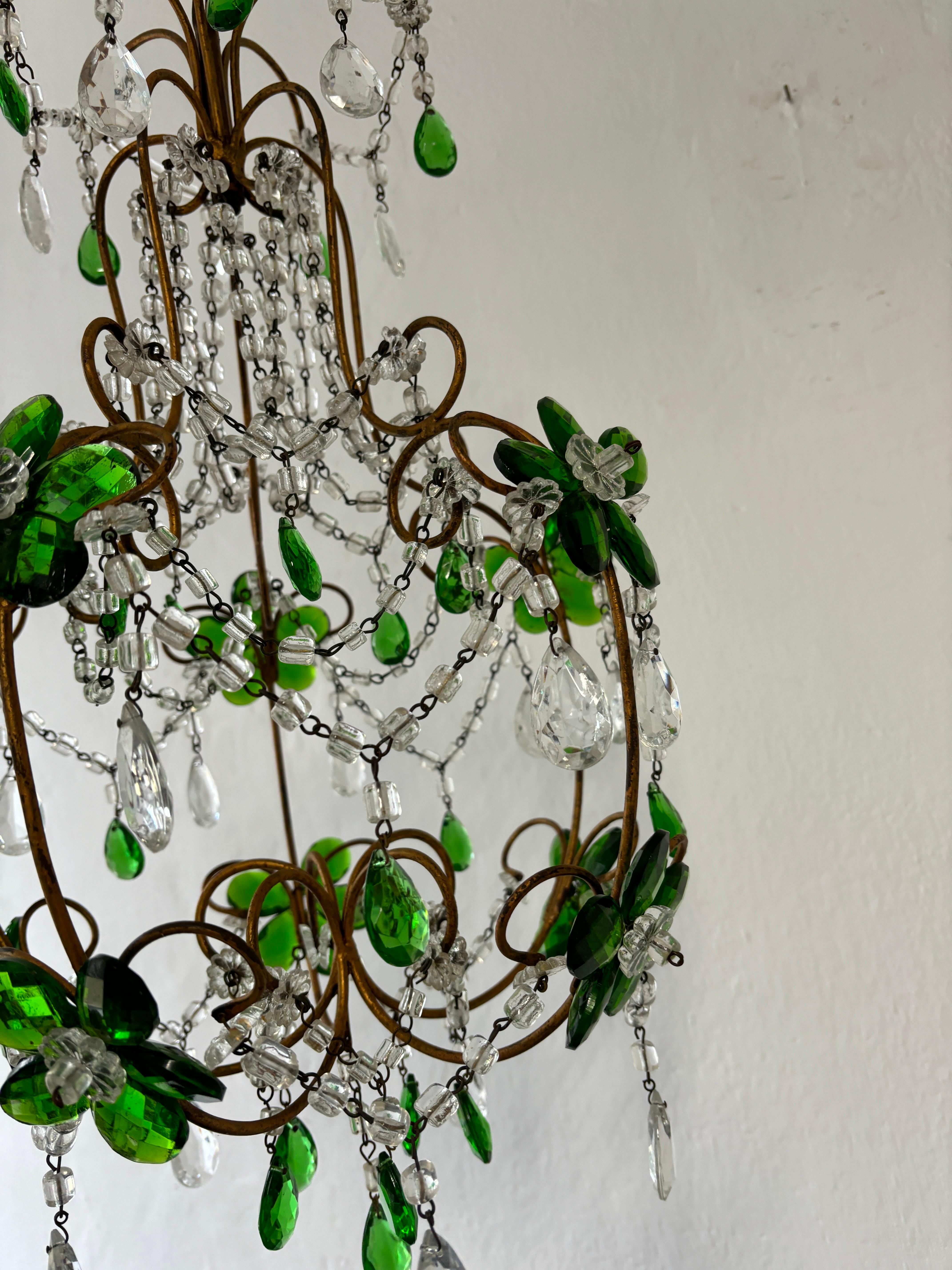 French Emerald Green Flower Crystal Prisms Maison Baguès Style Chandelier For Sale 7