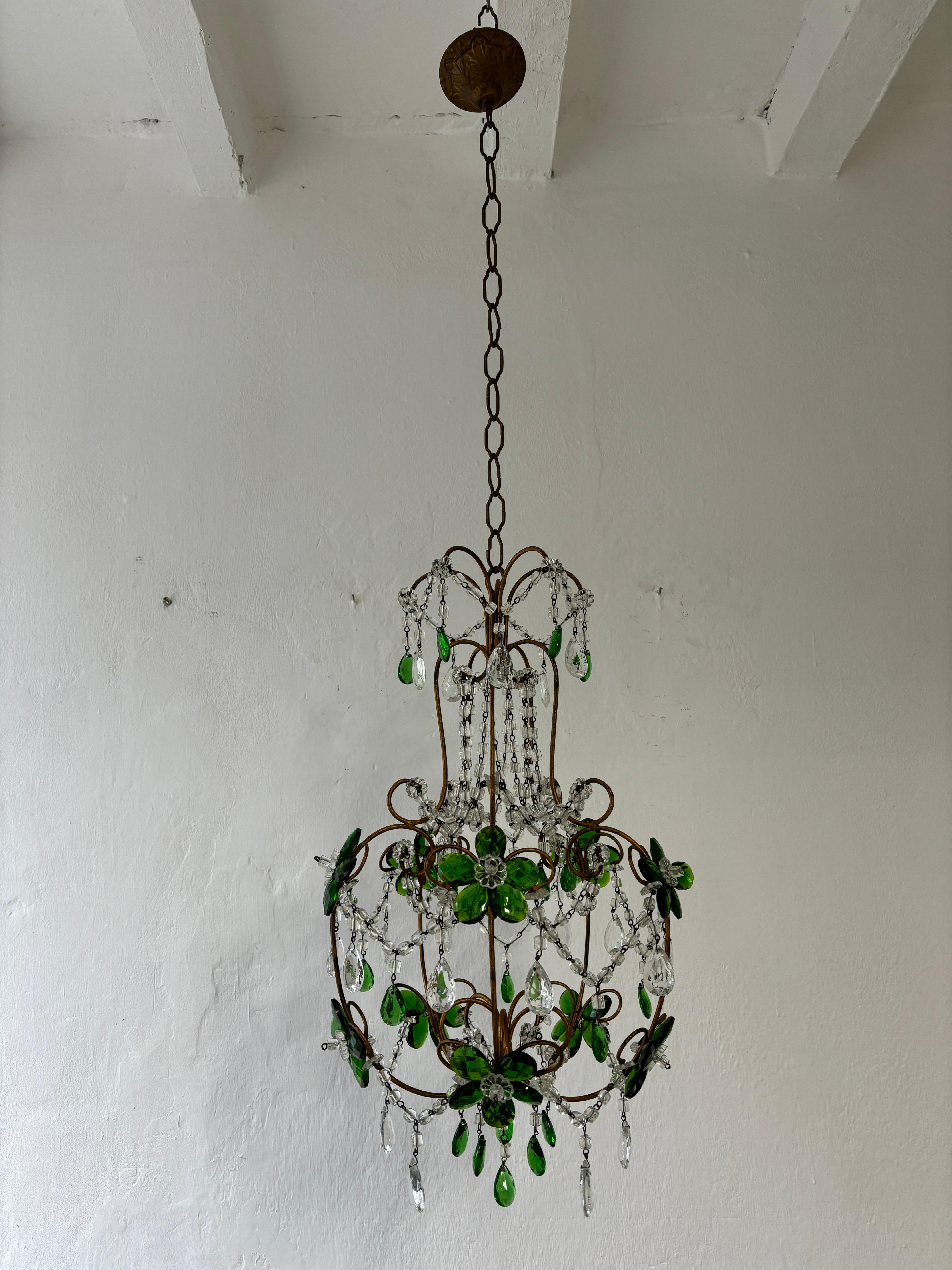 Housing 1 light, inside top.  This rare shaped prism flowers in emerald green chandelier will be newly rewired with certified US UL socket for the USA and appropriate socket for all other countries and ready to hang. Adorning 10 flowers made of