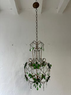French Emerald Green Flower Crystal Prisms Maison Baguès Style Chandelier