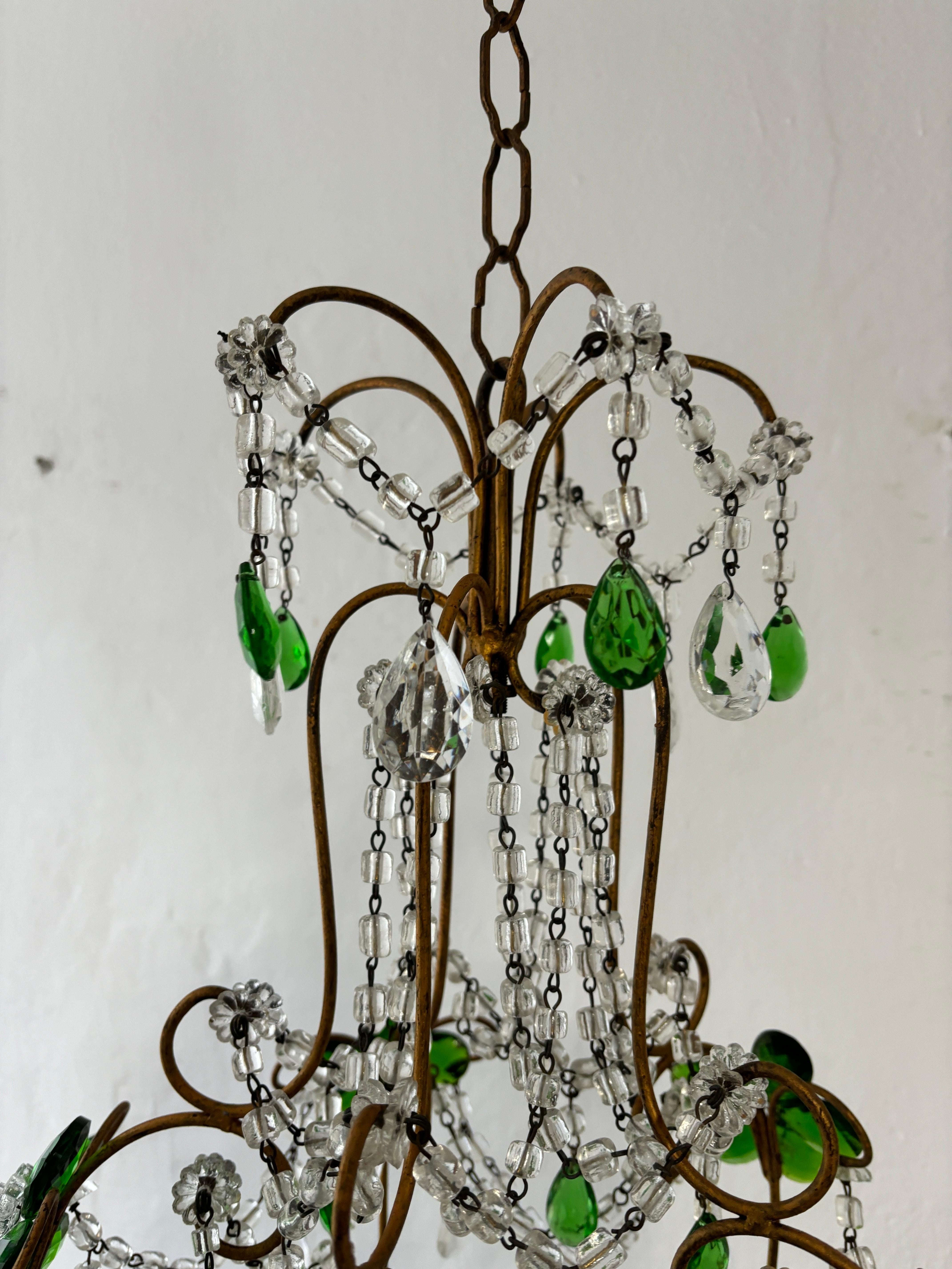 Mid-20th Century French Emerald Green Flower Crystal Prisms Maison Baguès Style Chandelier For Sale