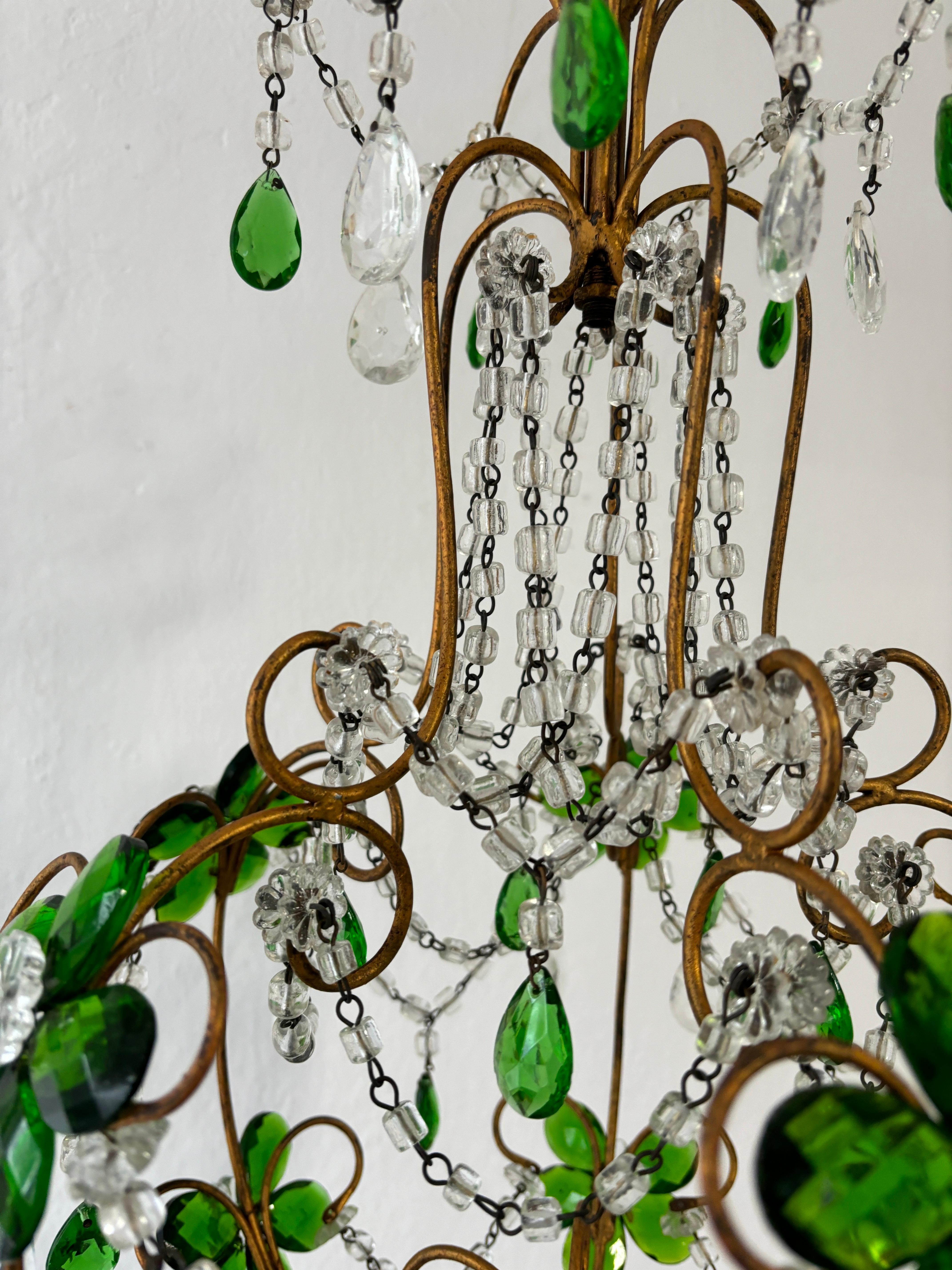French Emerald Green Flower Crystal Prisms Maison Baguès Style Chandelier For Sale 1