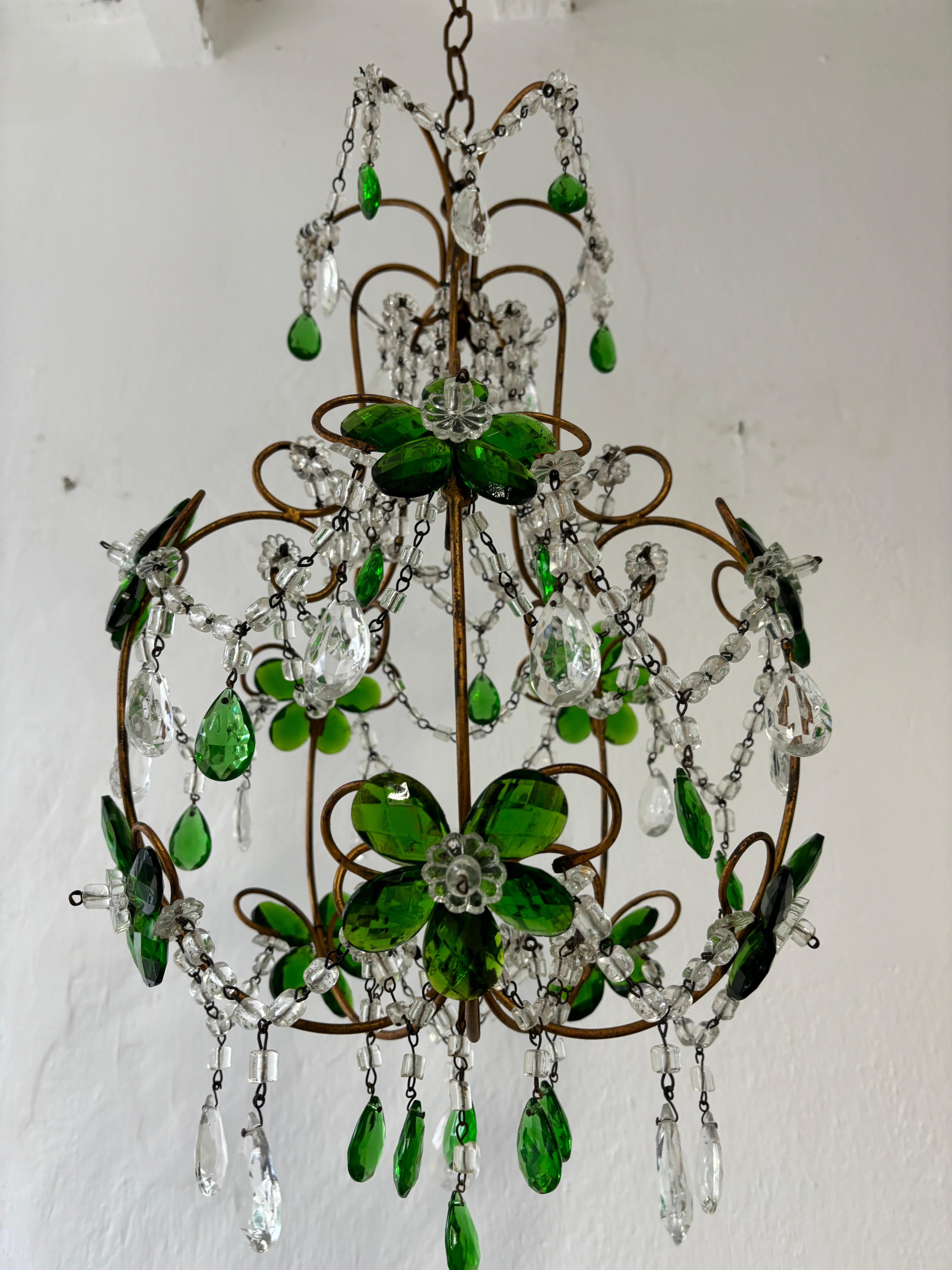 French Emerald Green Flower Crystal Prisms Maison Baguès Style Chandelier For Sale 2