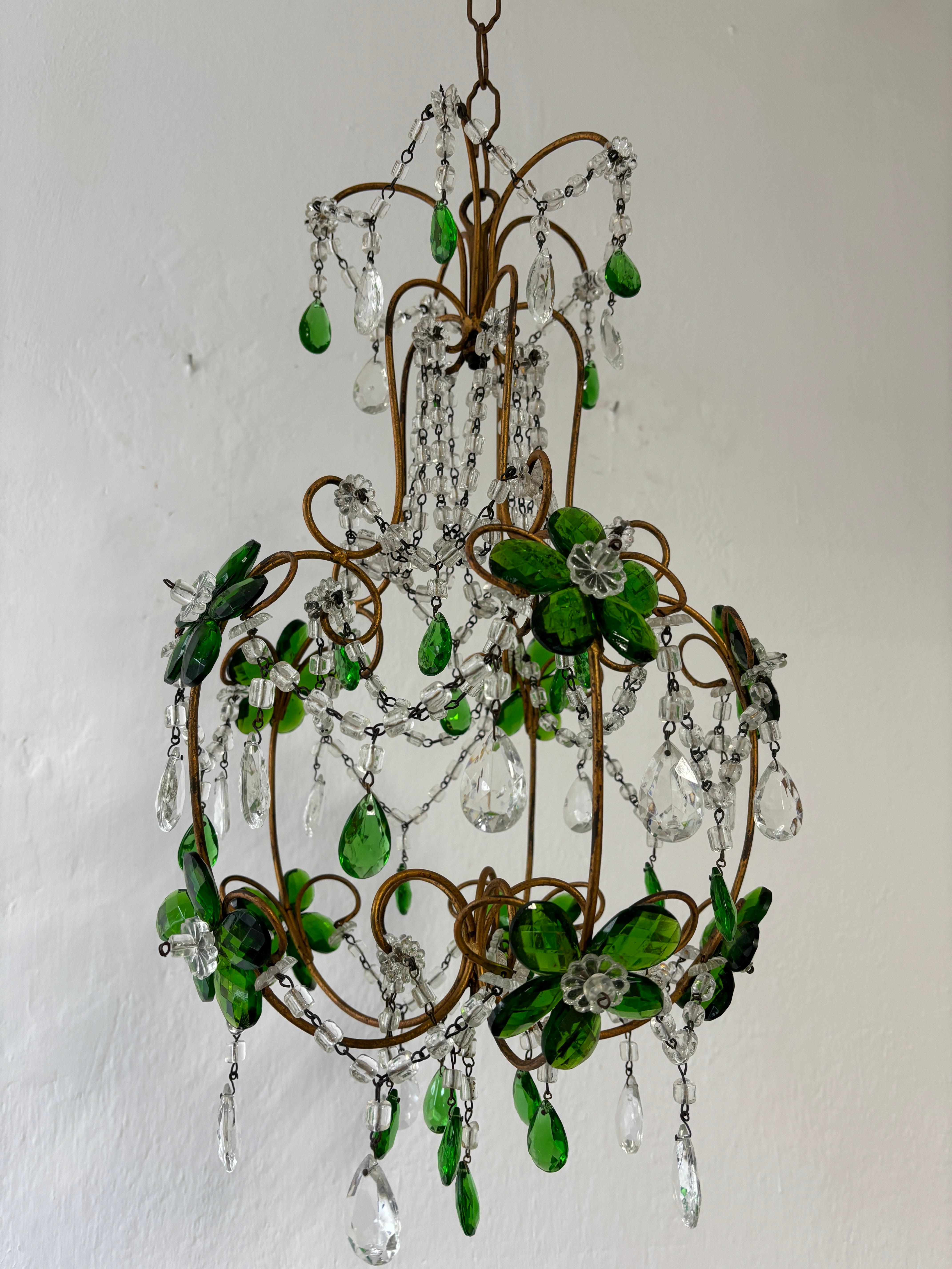 French Emerald Green Flower Crystal Prisms Maison Baguès Style Chandelier For Sale 3