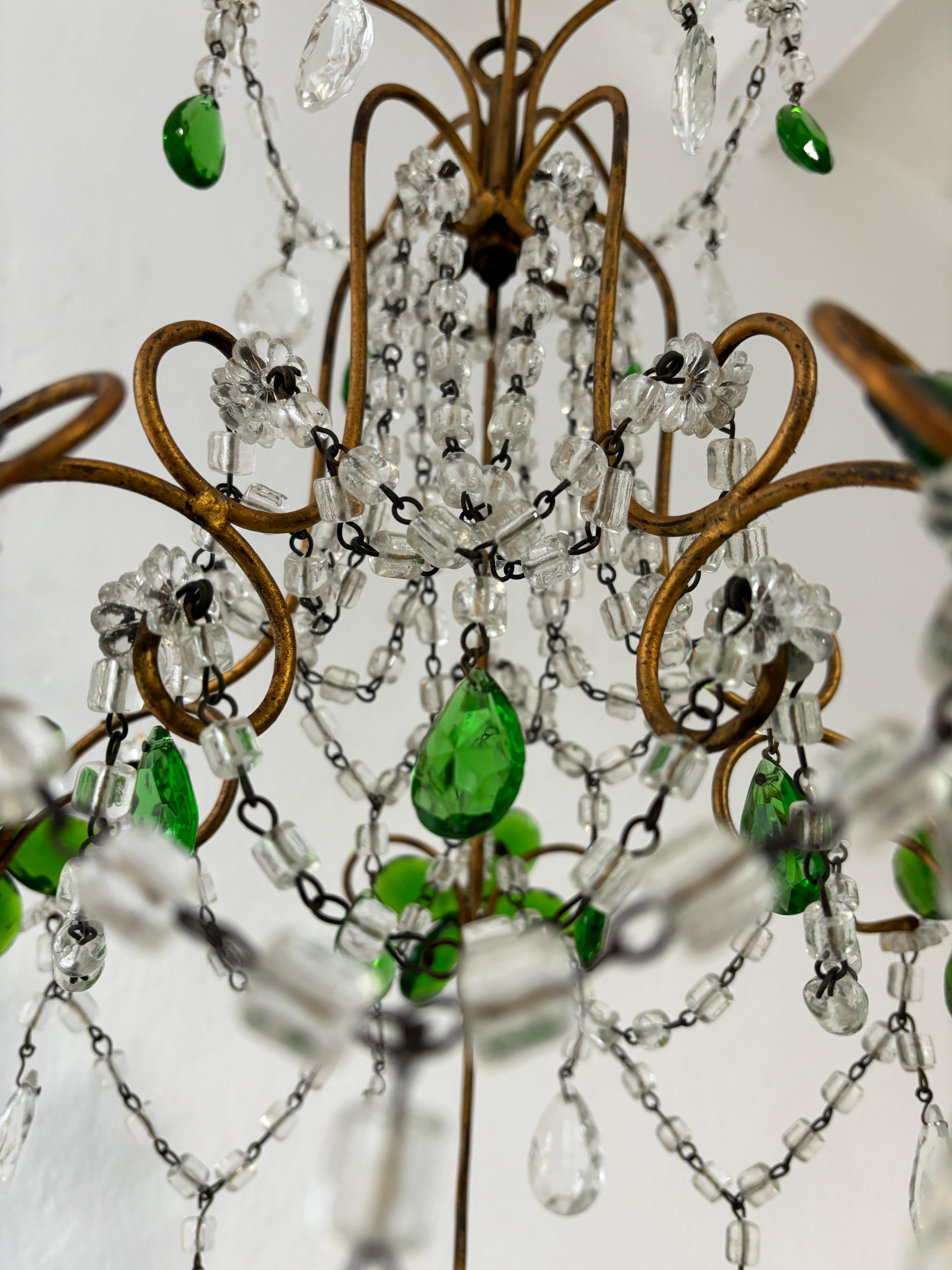French Emerald Green Flower Crystal Prisms Maison Baguès Style Chandelier For Sale 4