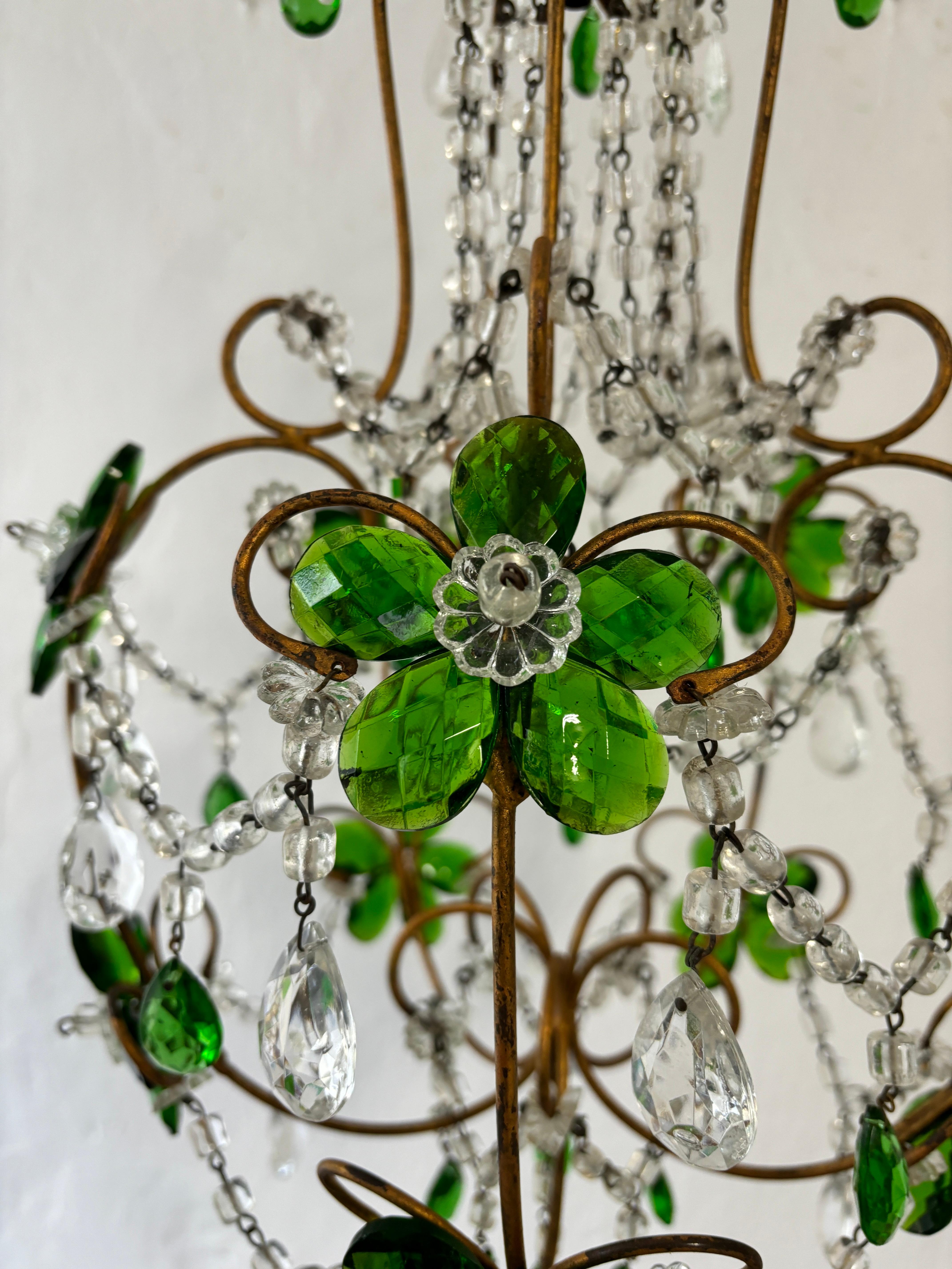 French Emerald Green Flower Crystal Prisms Maison Baguès Style Chandelier For Sale 5