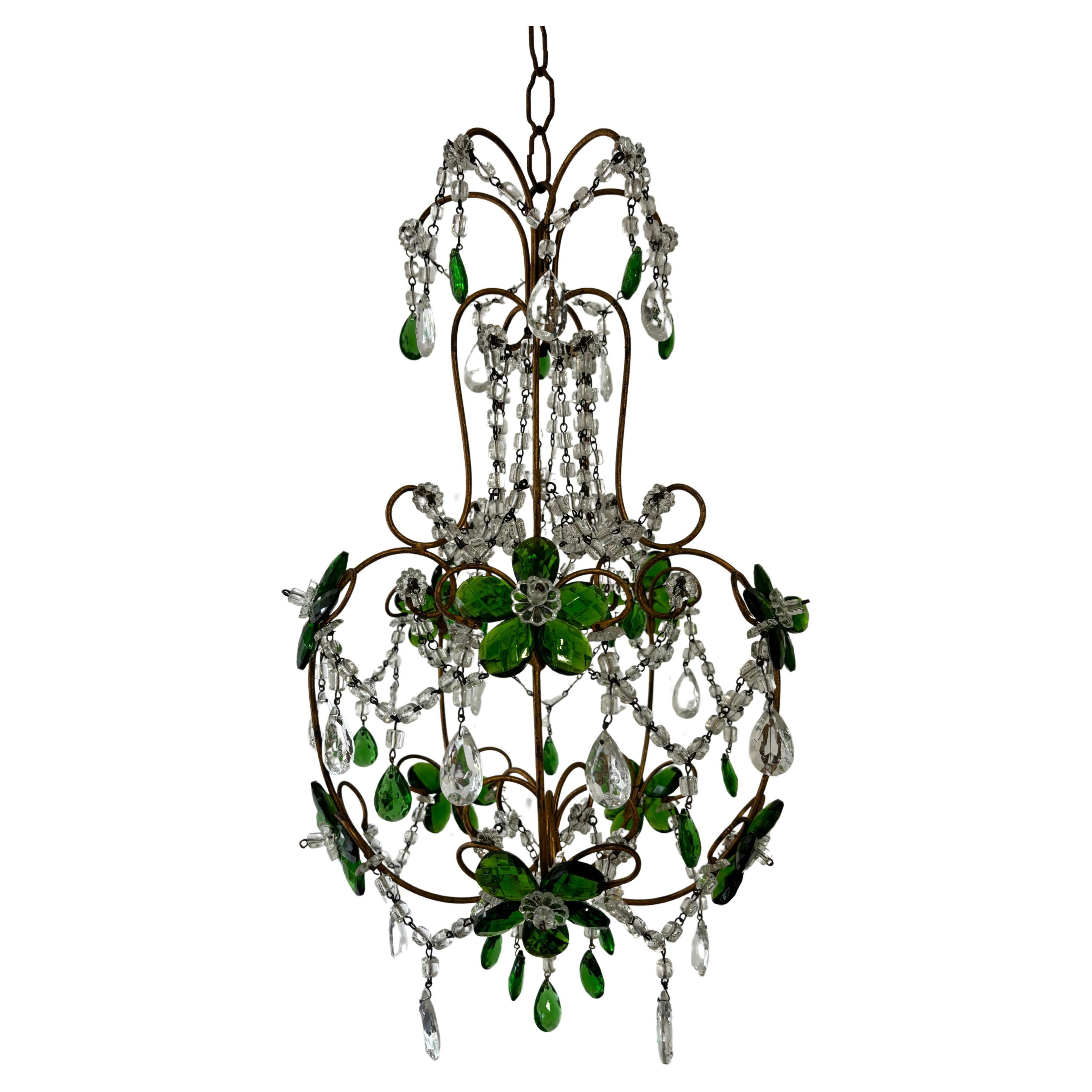 French Emerald Green Flower Crystal Prisms Maison Baguès Style Chandelier For Sale