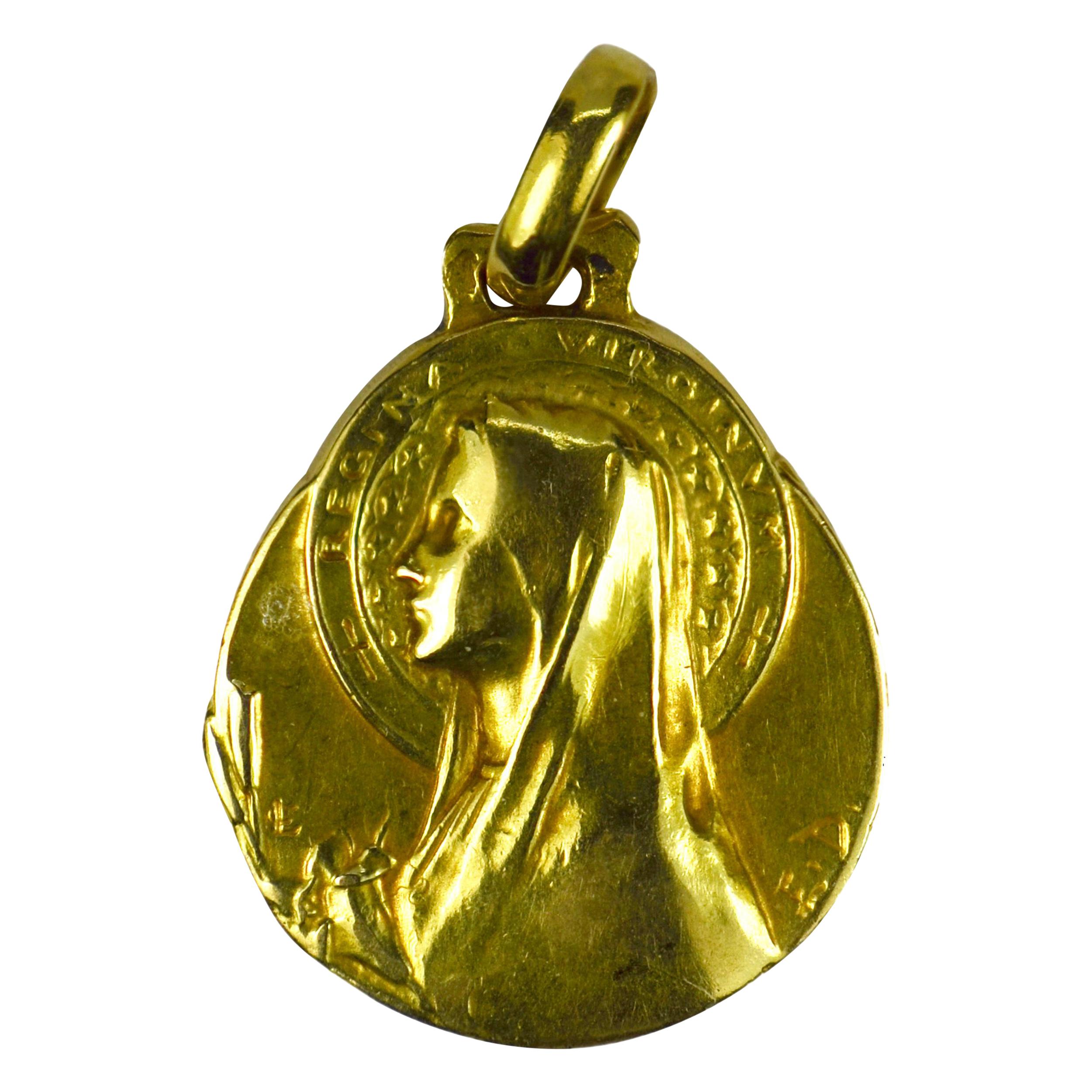 French Emile Dropsy Virgin Mary 18k Yellow Gold Medal Pendant For Sale