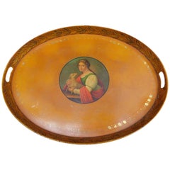 Antique French Empire 1820 Yellow Tole Tray with Painted Portrait of a Woman and Lamb