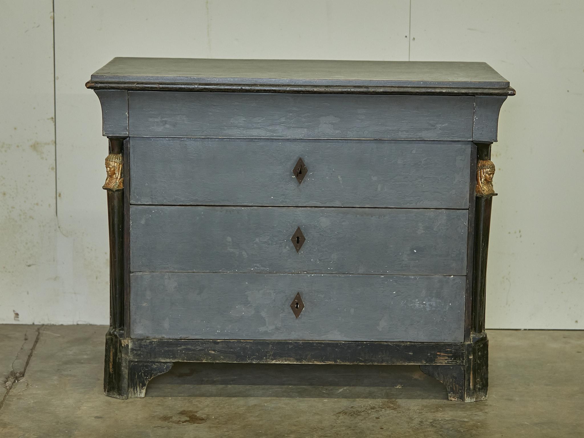 Carved French Empire 19th Century Painted Wood Four-Drawer Commode with Gilt Busts For Sale