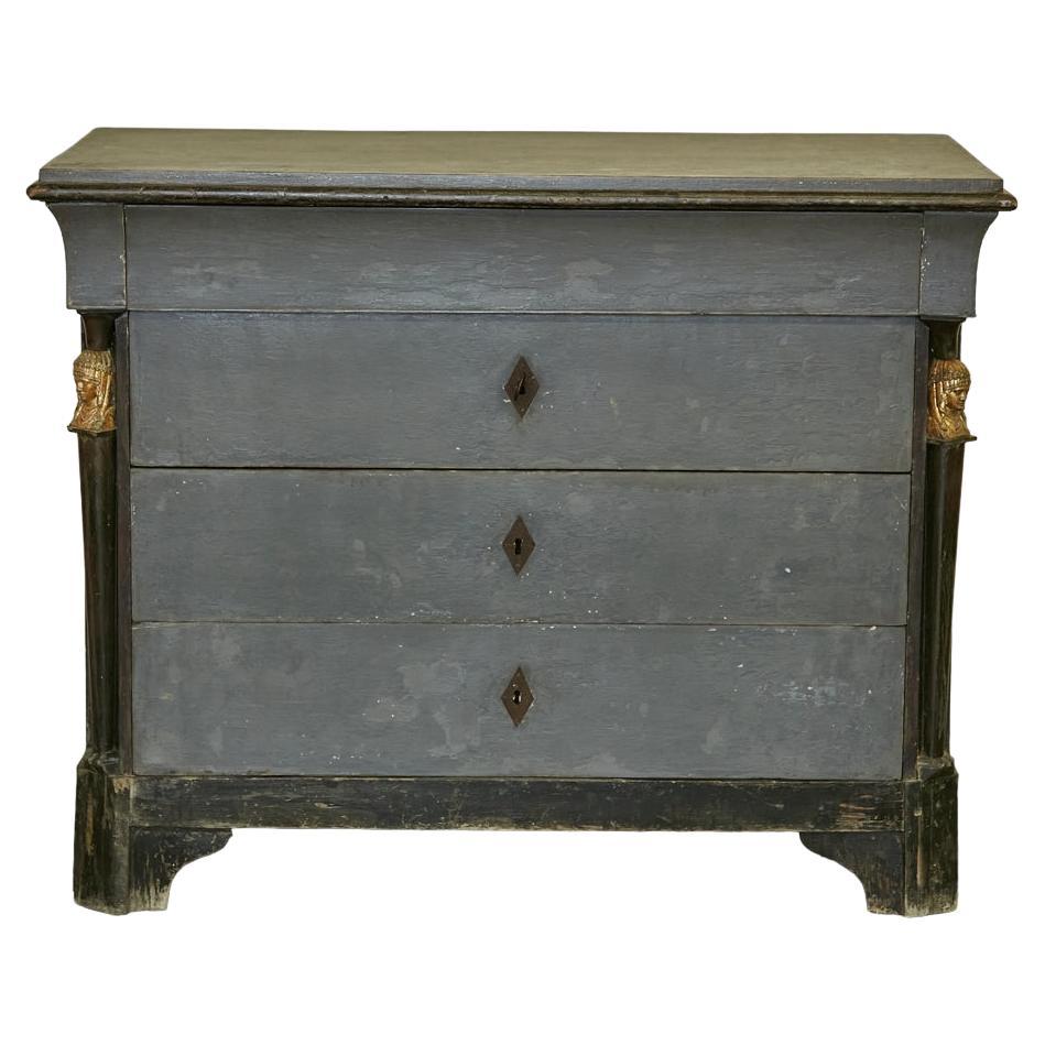 French Empire 19th Century Painted Wood Four-Drawer Commode with Gilt Busts For Sale