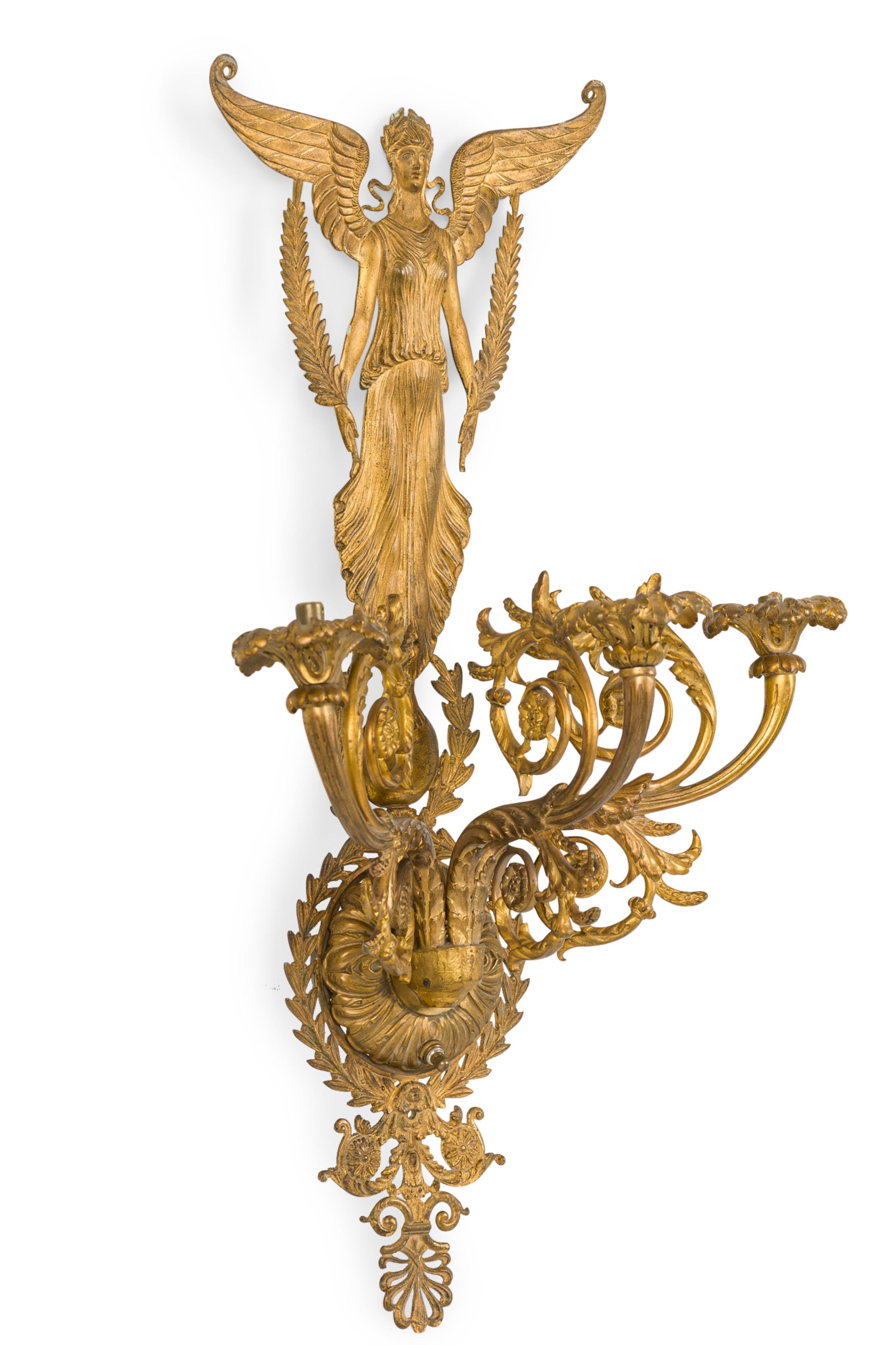 French Empire 3-arm gilt bronze wall sconce with a winged figure holding 2 laural branches (can be electrified)