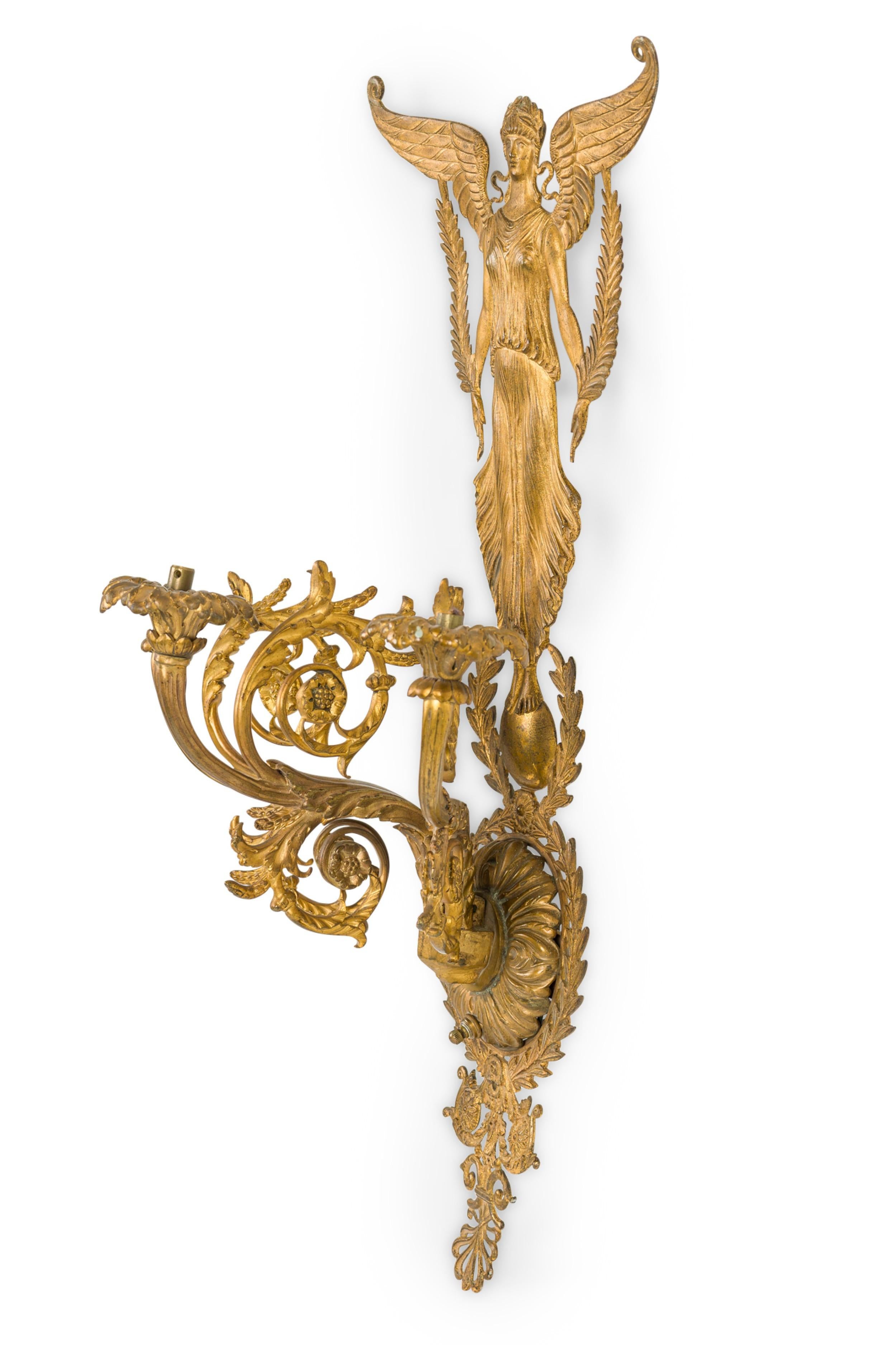 Victorian French Empire 3-Arm Gilt Bronze Wall Sconce With A Winged Figure For Sale
