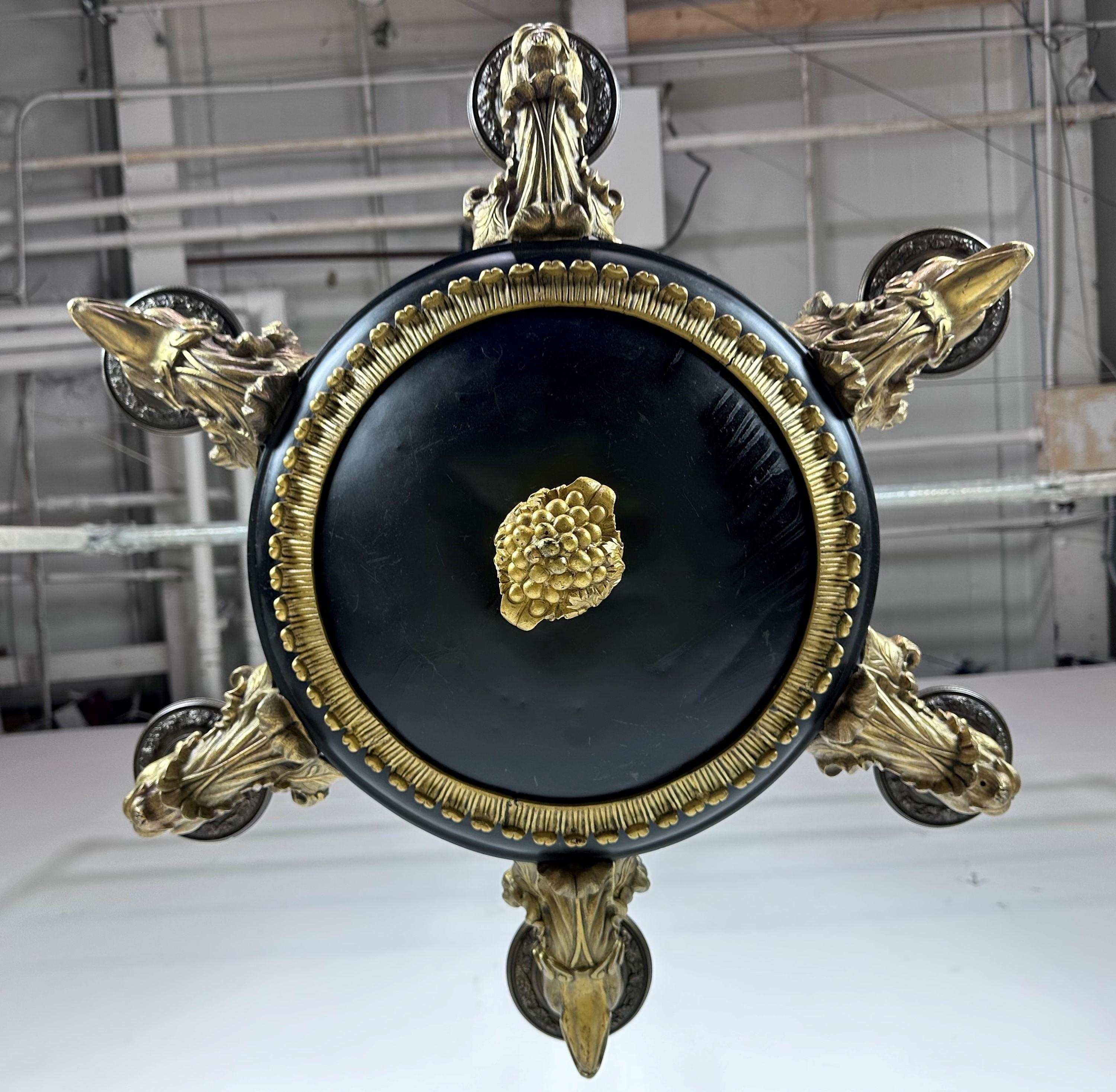 French Empire 6 Arm Lions & Eagles Bronze Chandelier 6