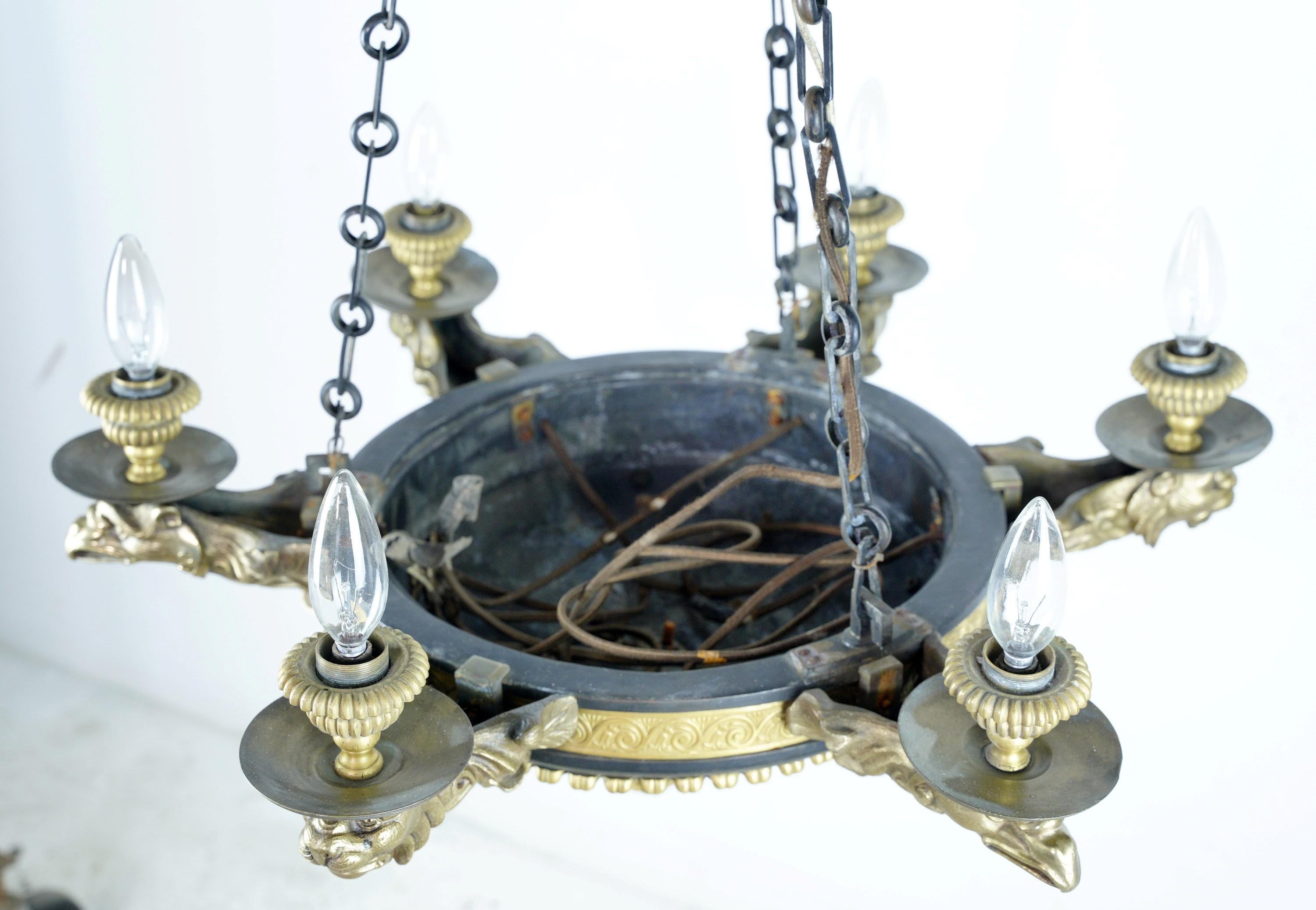 French Empire 6 Arm Lions & Eagles Bronze Chandelier 8