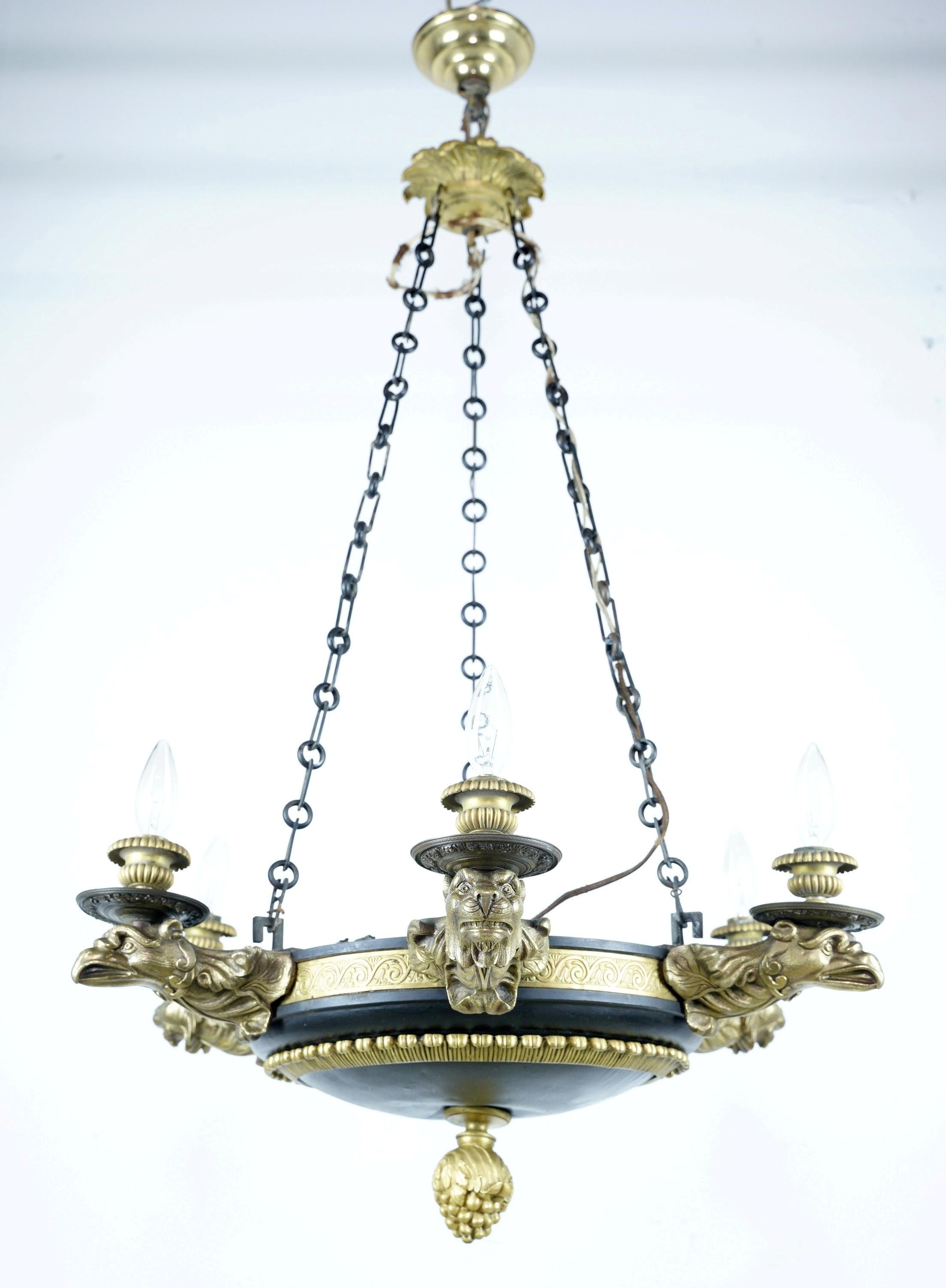 French Empire 6 Arm Lions & Eagles Bronze Chandelier In Good Condition In New York, NY