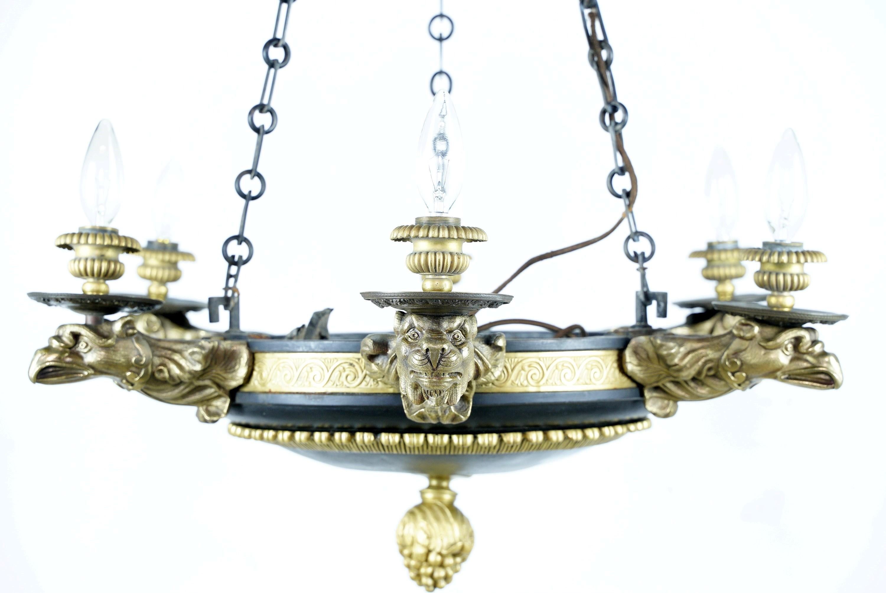 20th Century French Empire 6 Arm Lions & Eagles Bronze Chandelier