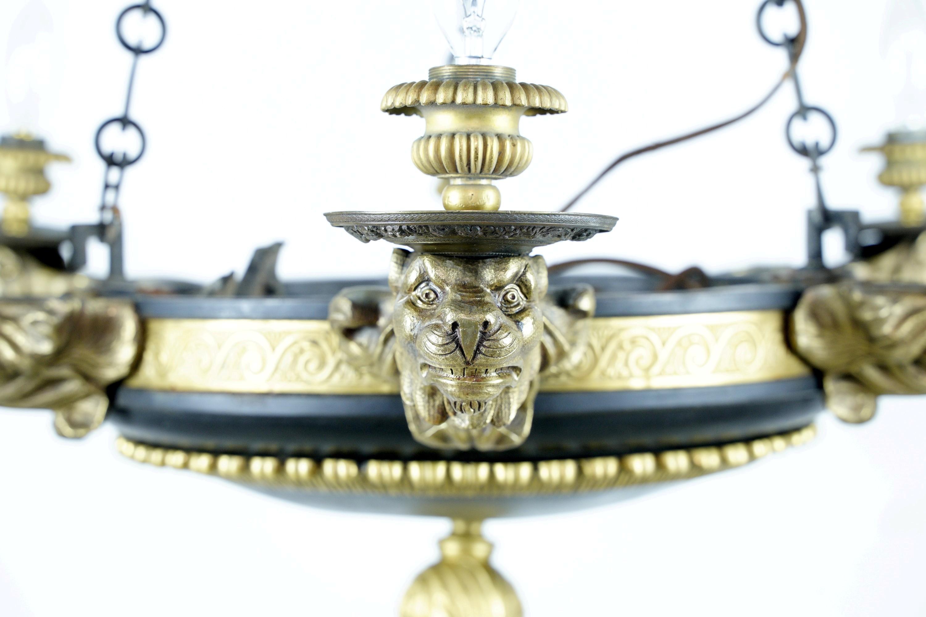 French Empire 6 Arm Lions & Eagles Bronze Chandelier 1