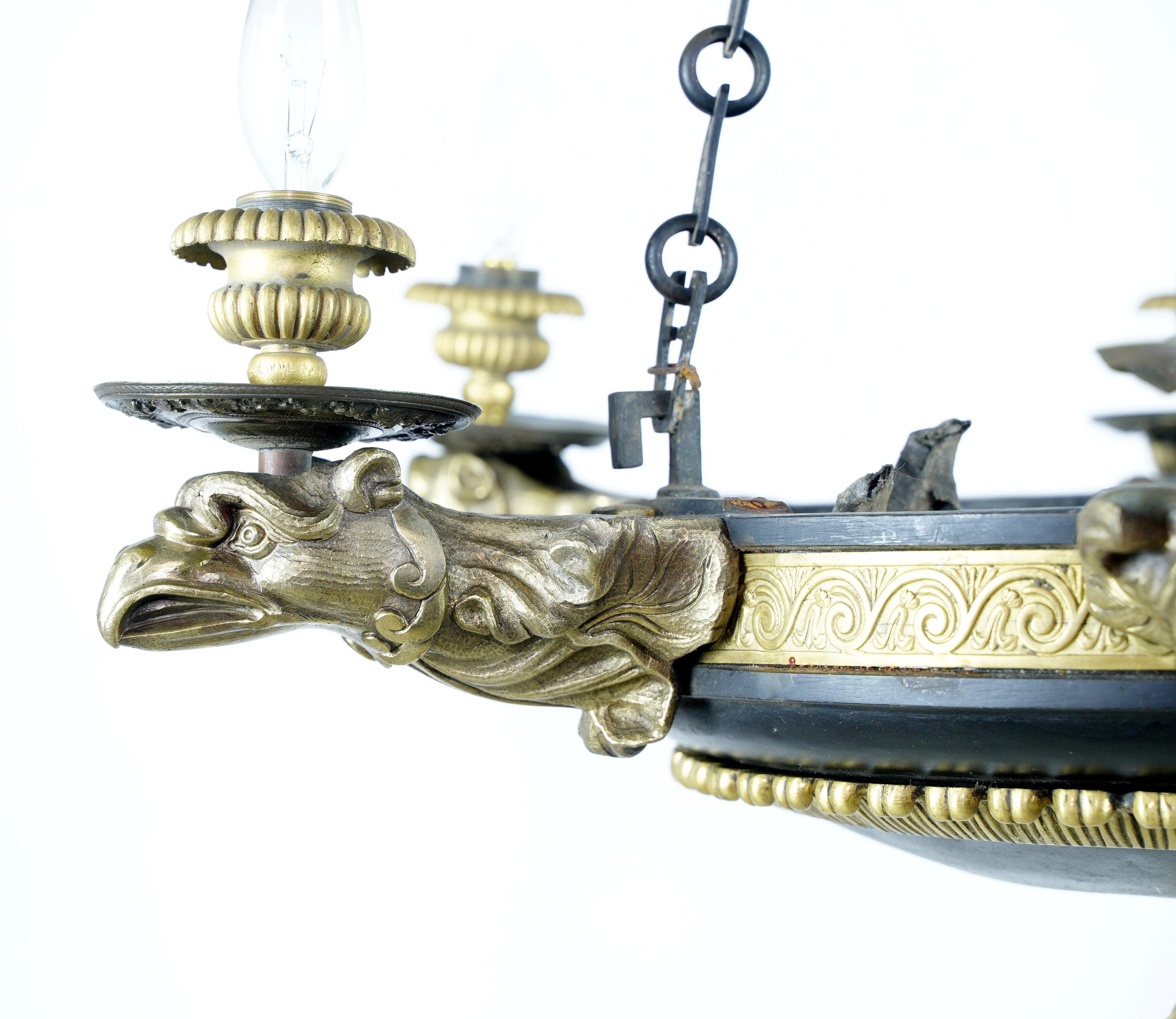 French Empire 6 Arm Lions & Eagles Bronze Chandelier 2