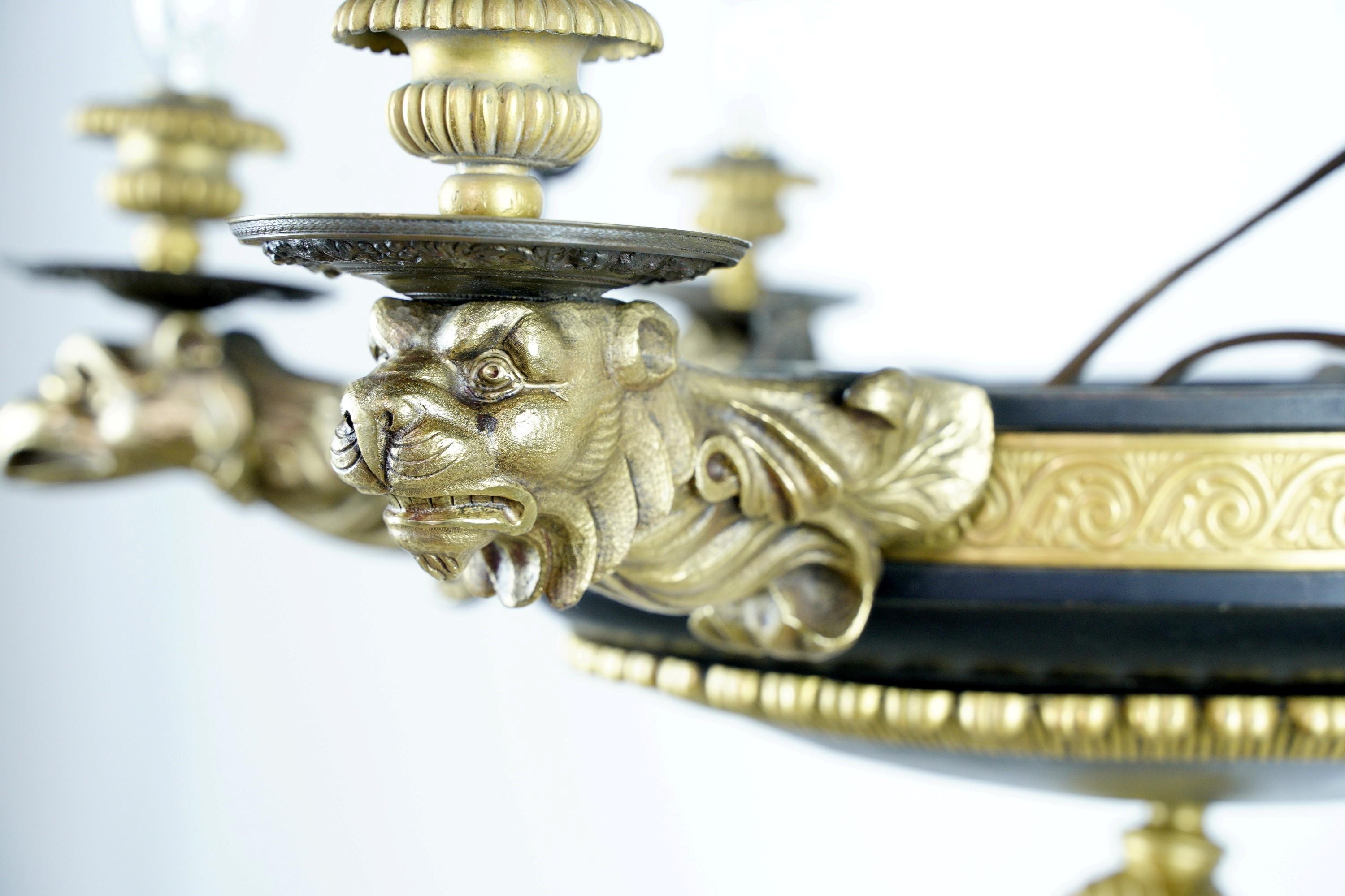 French Empire 6 Arm Lions & Eagles Bronze Chandelier 3