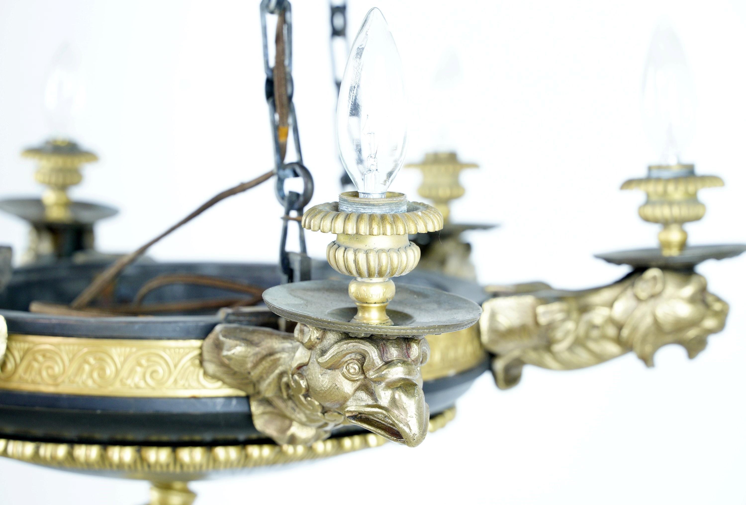 French Empire 6 Arm Lions & Eagles Bronze Chandelier 4