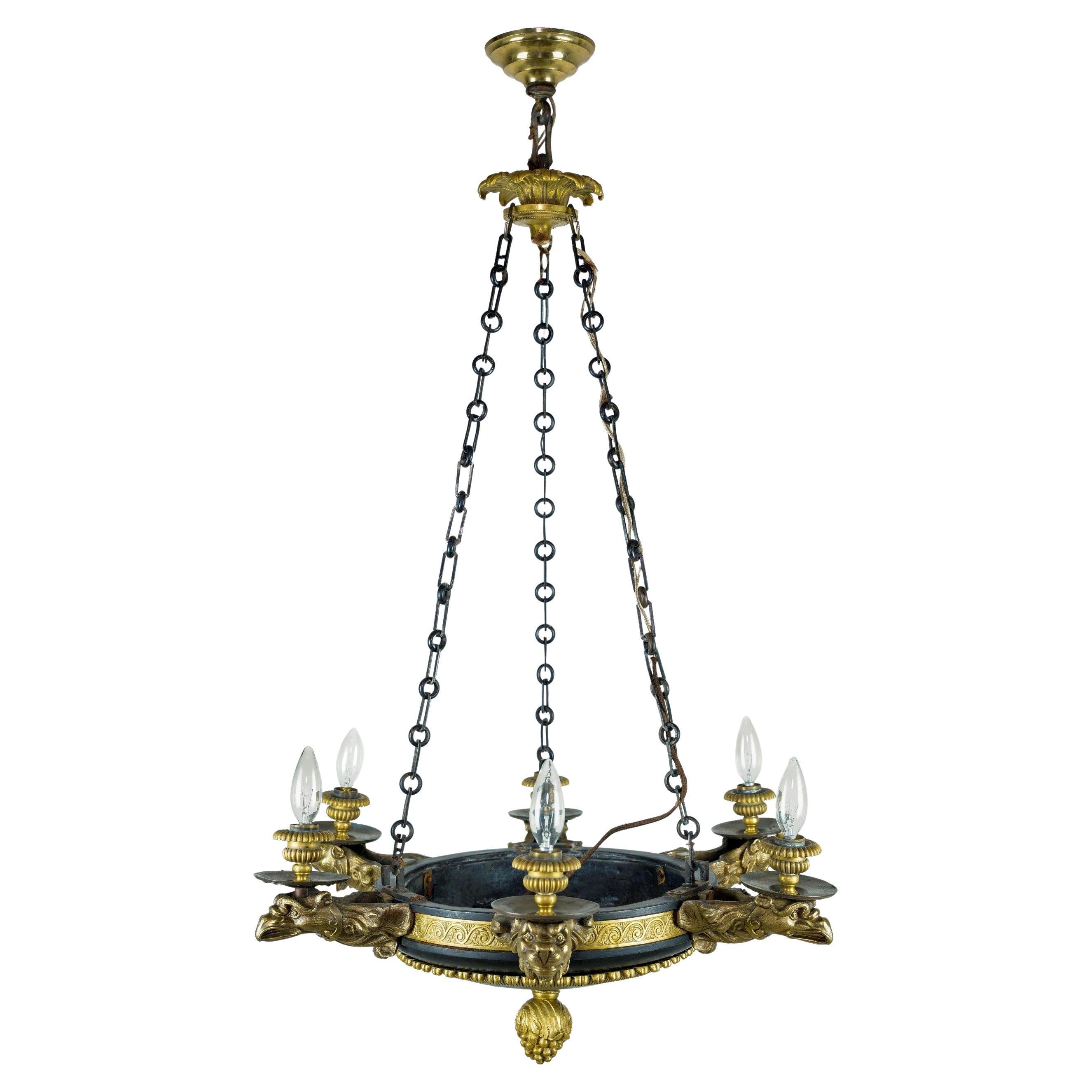 French Empire 6 Arm Lions & Eagles Bronze Chandelier