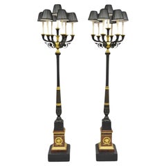 French Empire 68" Tall Bronze & Marble Lighted Candelabra Torchere Floor Lamps