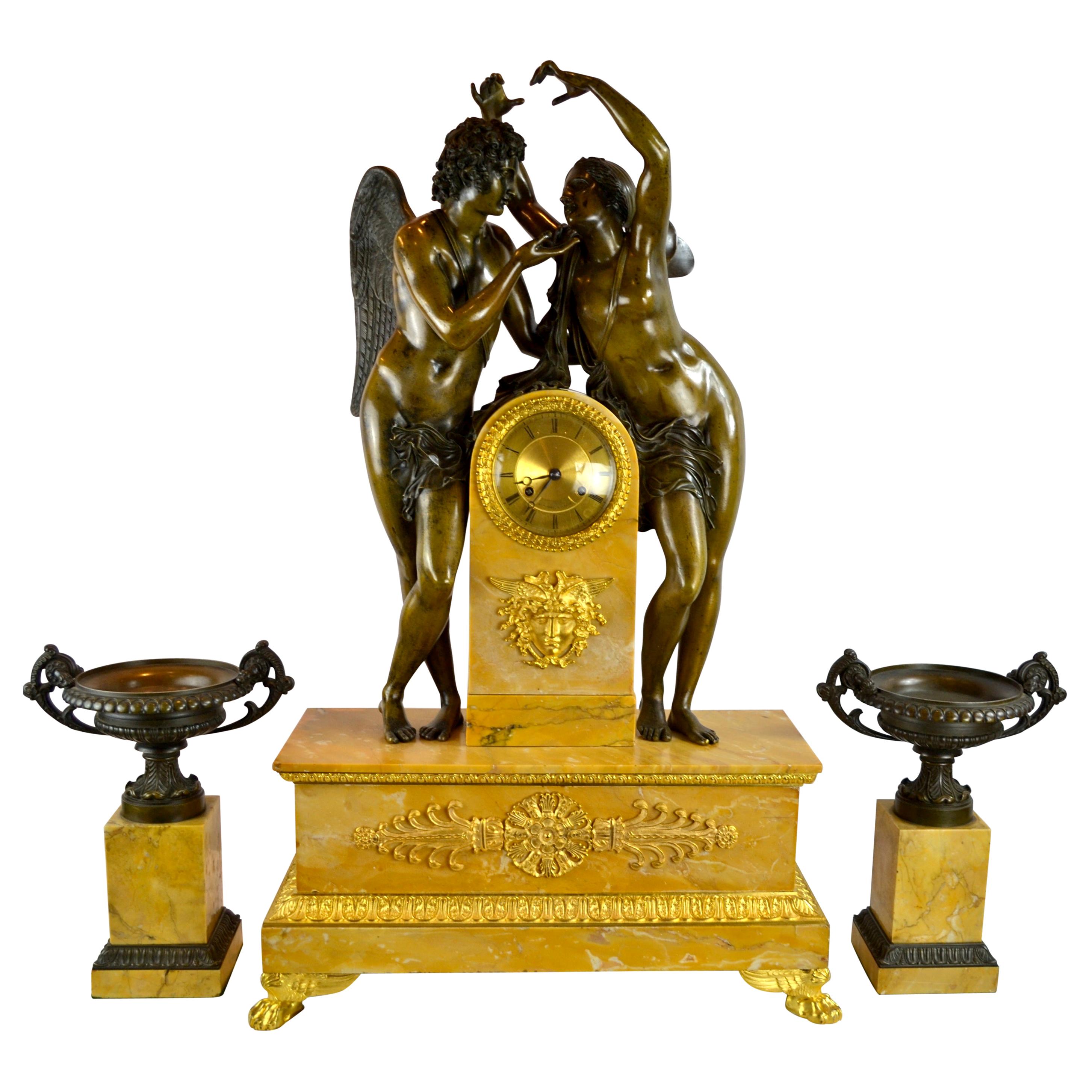 Monumental Marble and Bronze Dore’ Clock Adorned with Psyche and Amor ...