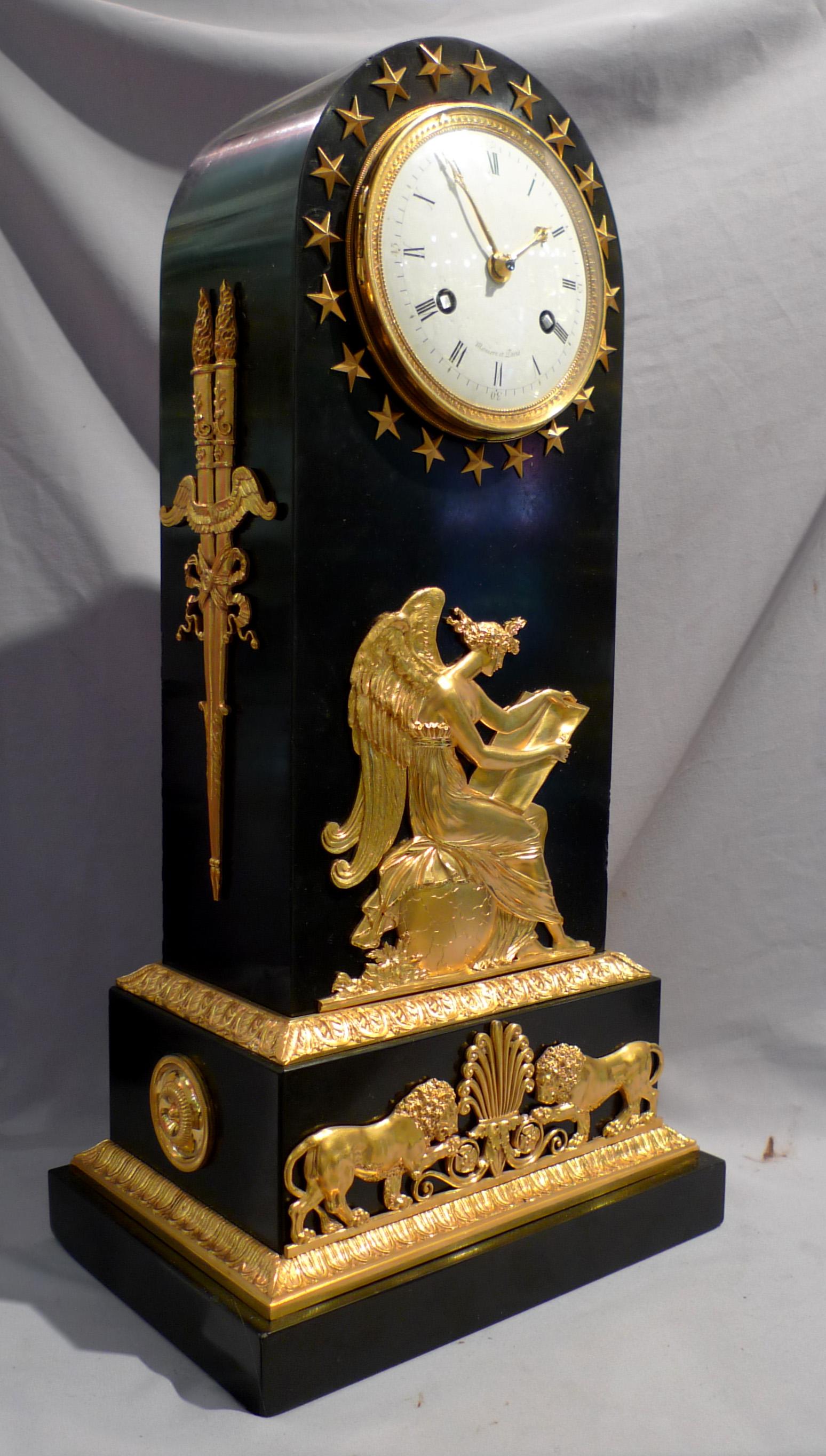 French Empire Antique Black Marble and Ormolu Borne Clock by Maniere In Good Condition For Sale In London, GB