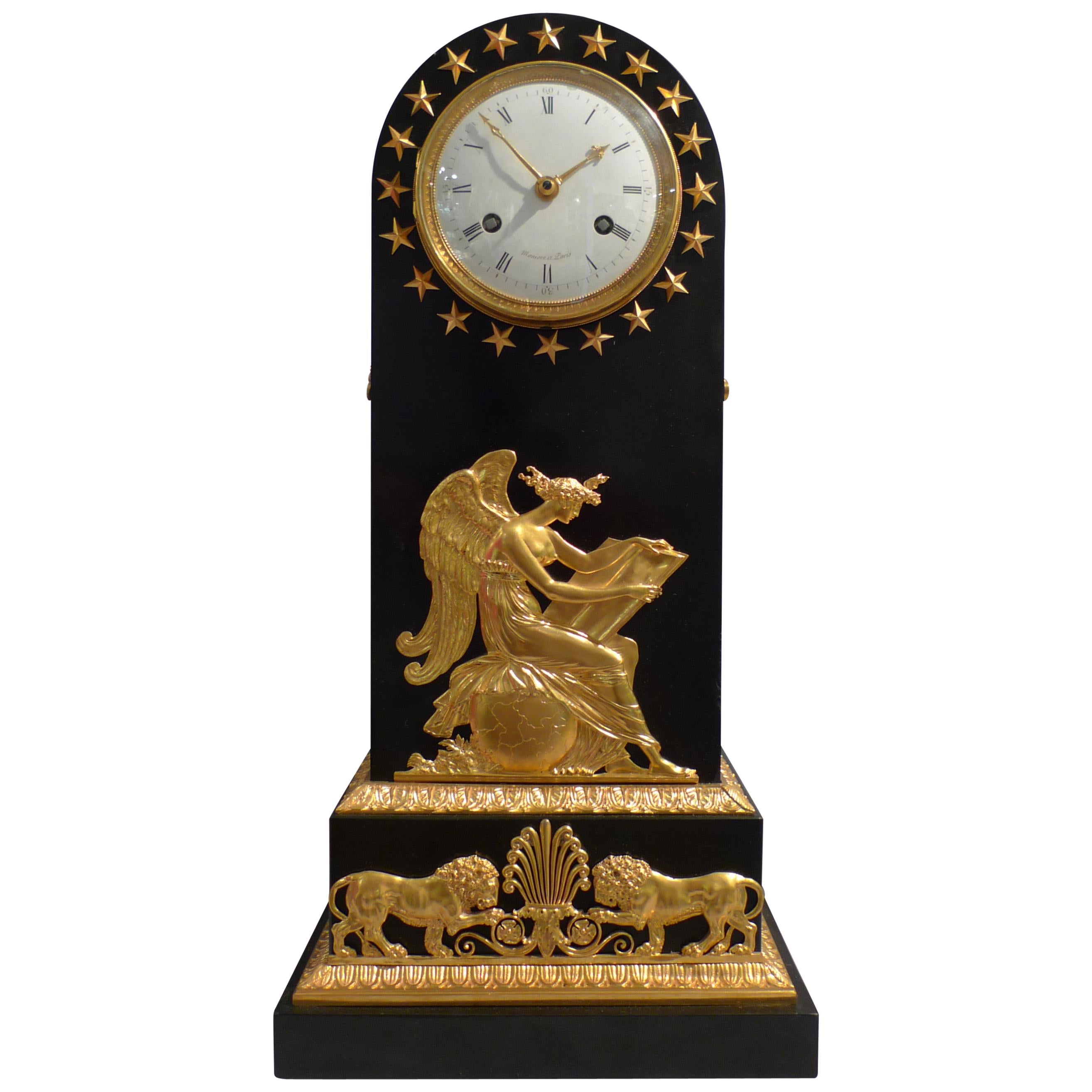 French Empire Antique Black Marble and Ormolu Borne Clock by Maniere