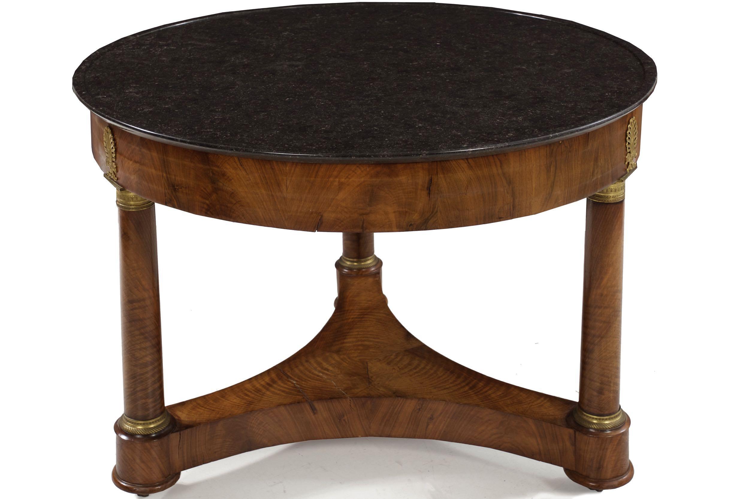 Brass French Empire Antique Burl Walnut Center Table with Black Marble Top, circa 1815 For Sale