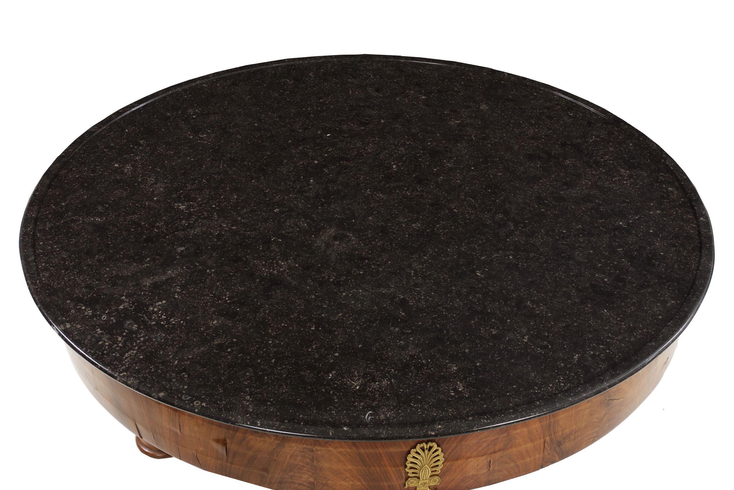 French Empire Antique Burl Walnut Center Table with Black Marble Top, circa 1815 For Sale 2
