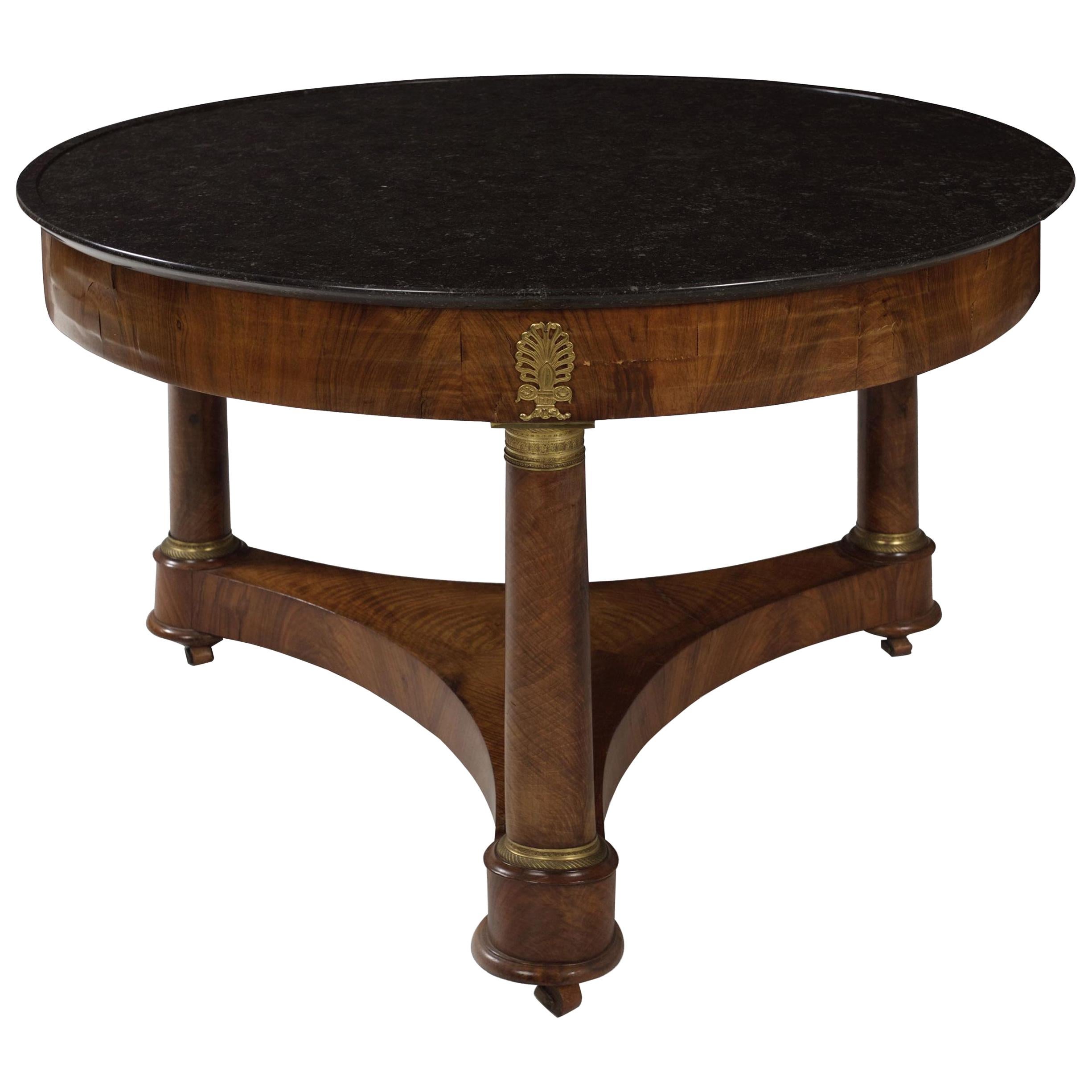 French Empire Antique Burl Walnut Center Table with Black Marble Top, circa 1815 For Sale