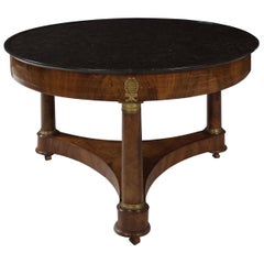 French Empire Antique Burl Walnut Center Table with Black Marble Top, circa 1815