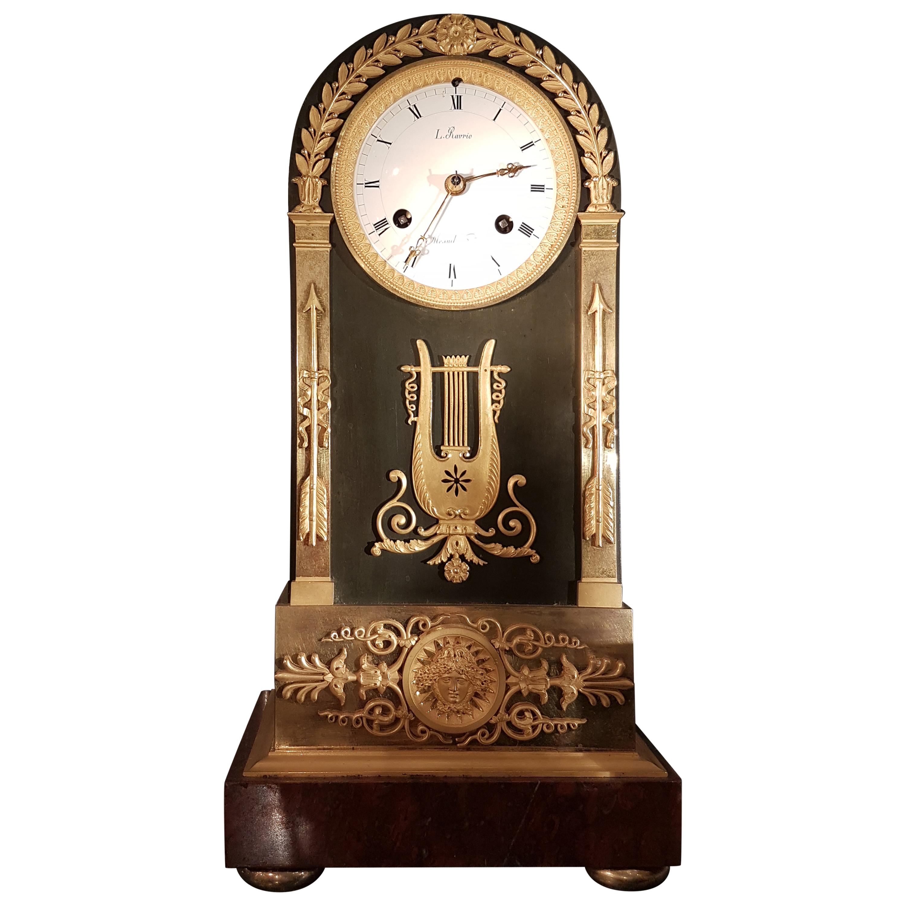 French Empire Antique Clock, Ormolu, Patinated Bronze and Marble