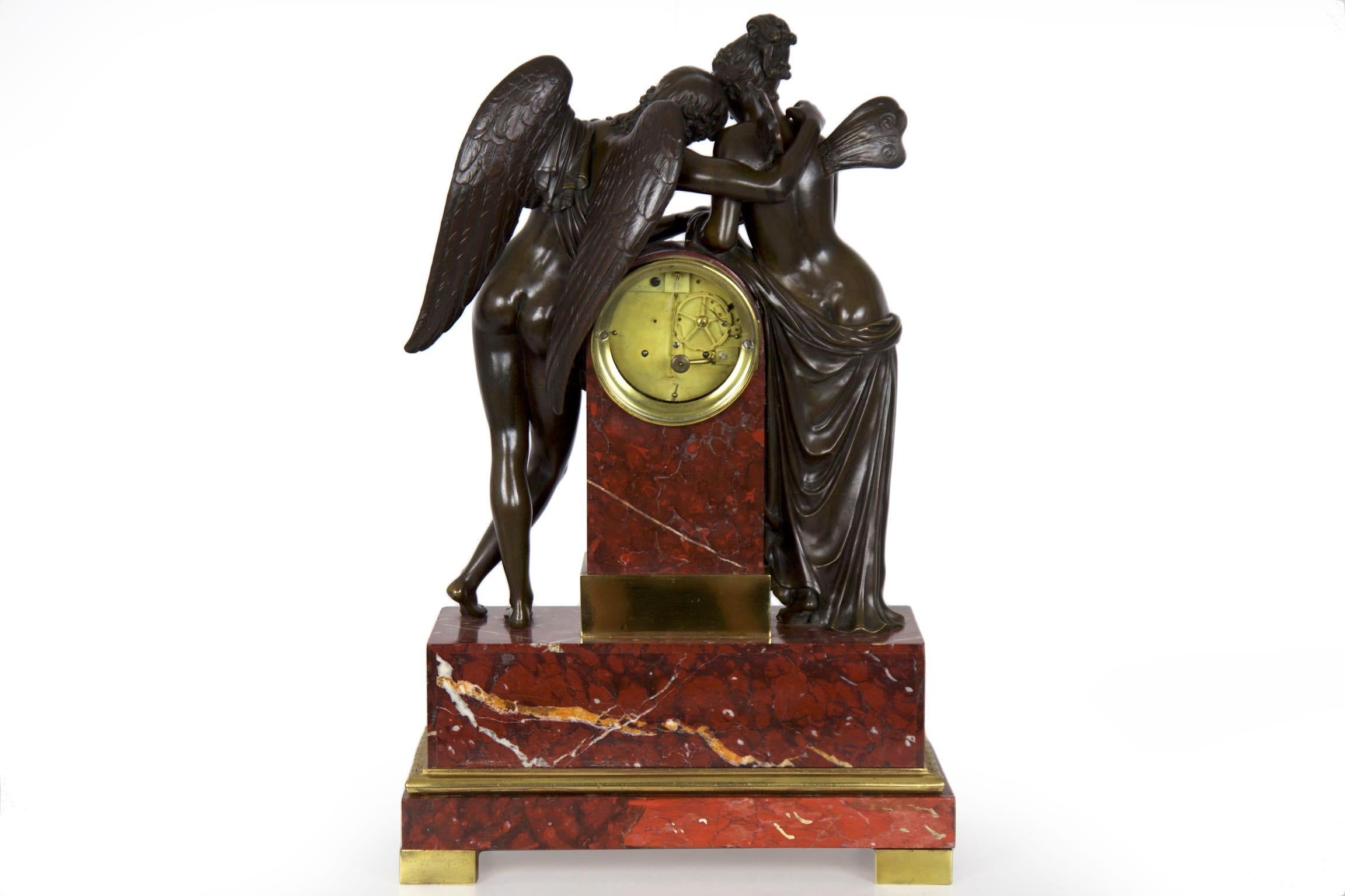 French Empire Antique Figural Bronze Mantel Clock of Psyche & Cupid, circa 1825 9