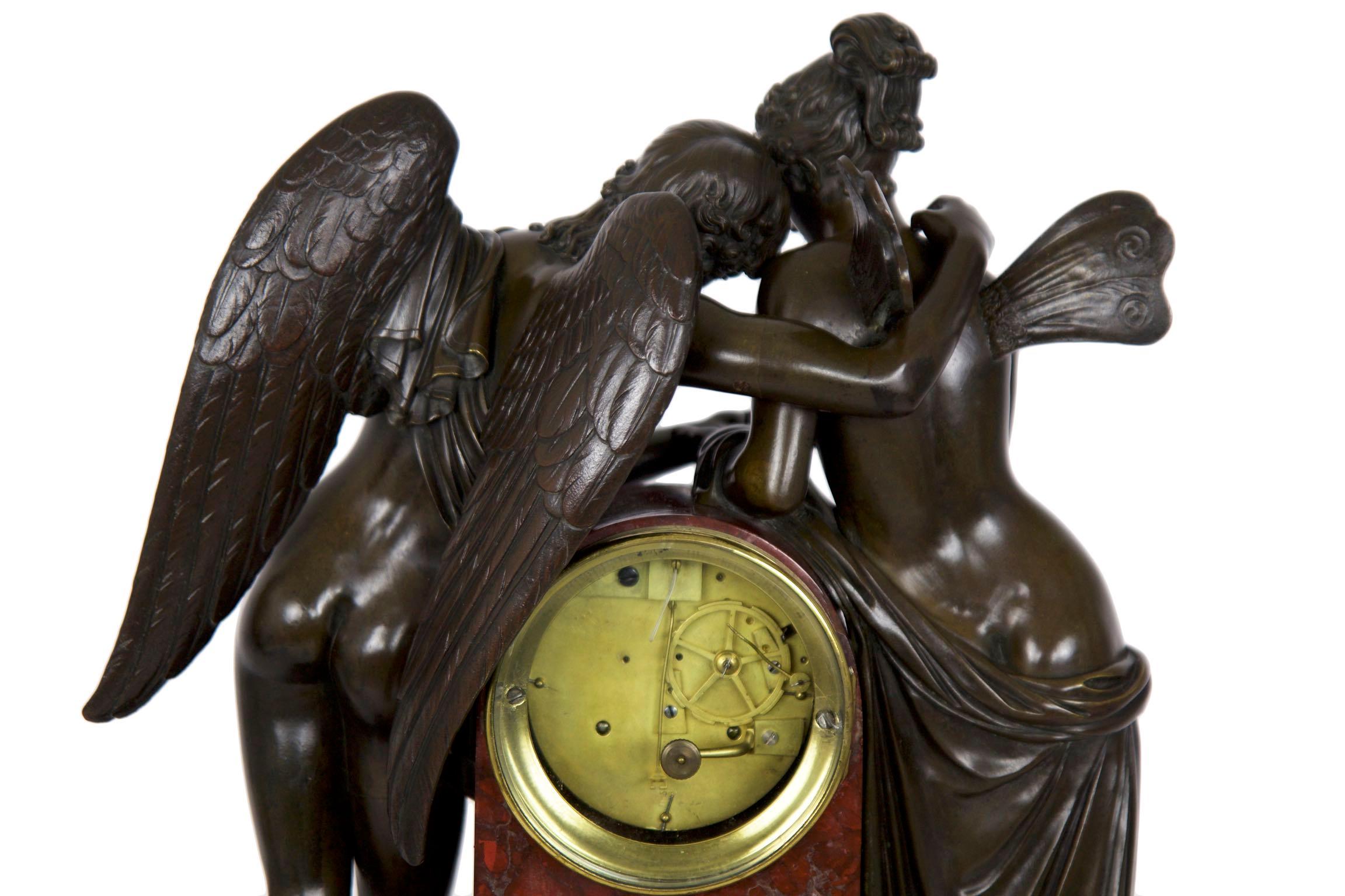 French Empire Antique Figural Bronze Mantel Clock of Psyche & Cupid, circa 1825 10