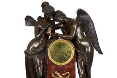 French Empire Antique Figural Bronze Mantel Clock of Psyche & Cupid, circa 1825