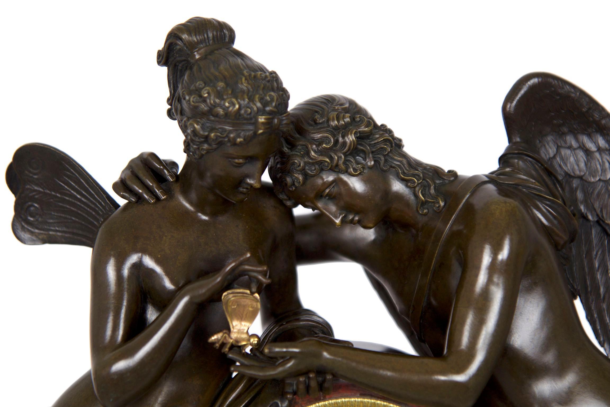 19th Century French Empire Antique Figural Bronze Mantel Clock of Psyche & Cupid, circa 1825