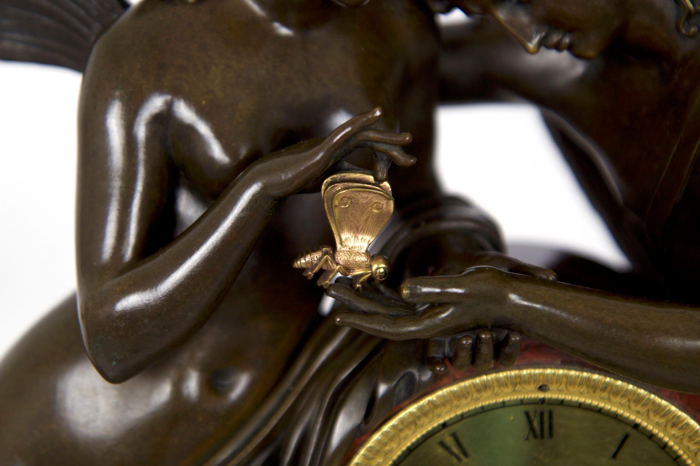French Empire Antique Figural Bronze Mantel Clock of Psyche & Cupid, circa 1825 2