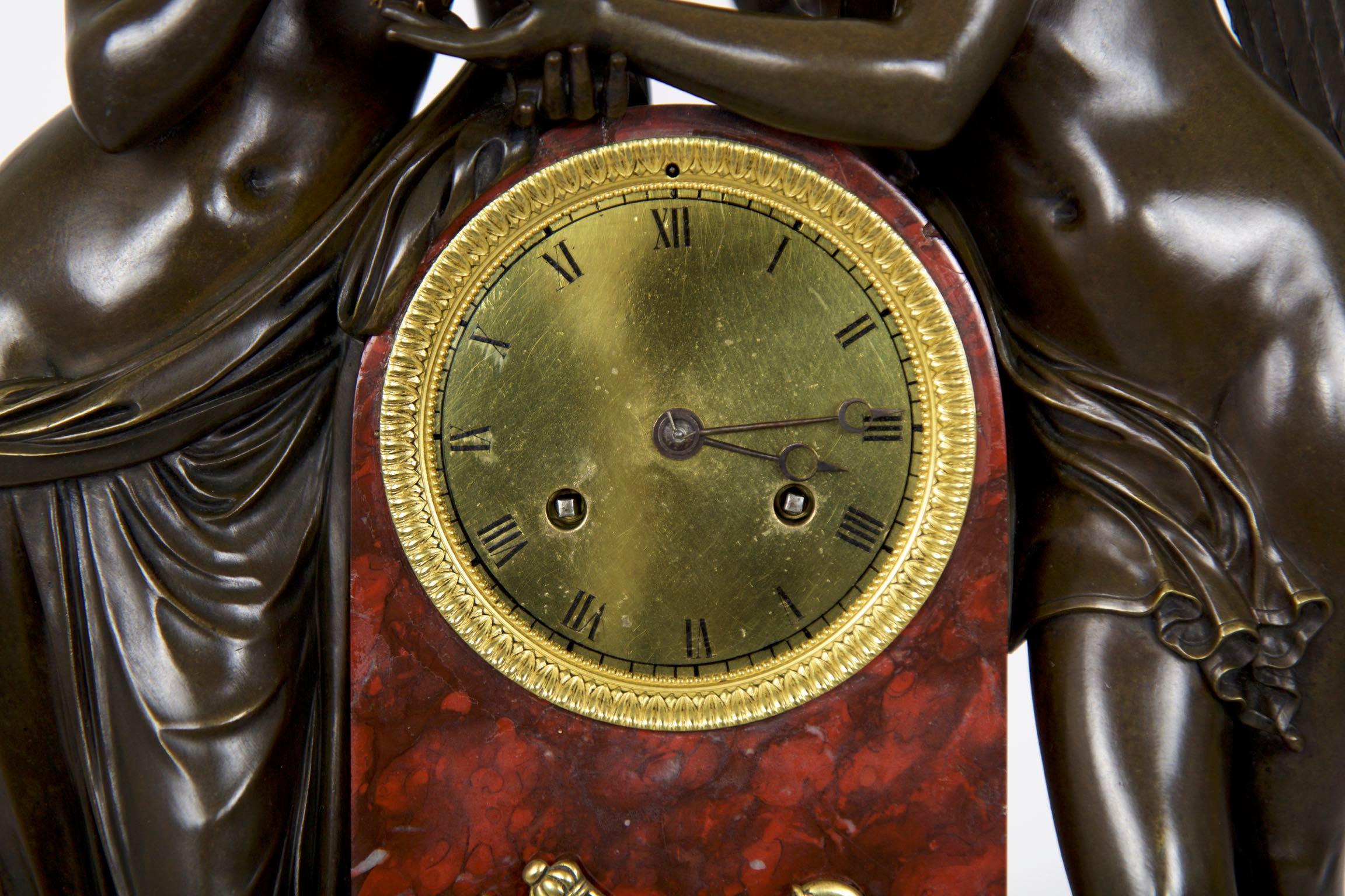 French Empire Antique Figural Bronze Mantel Clock of Psyche & Cupid, circa 1825 3