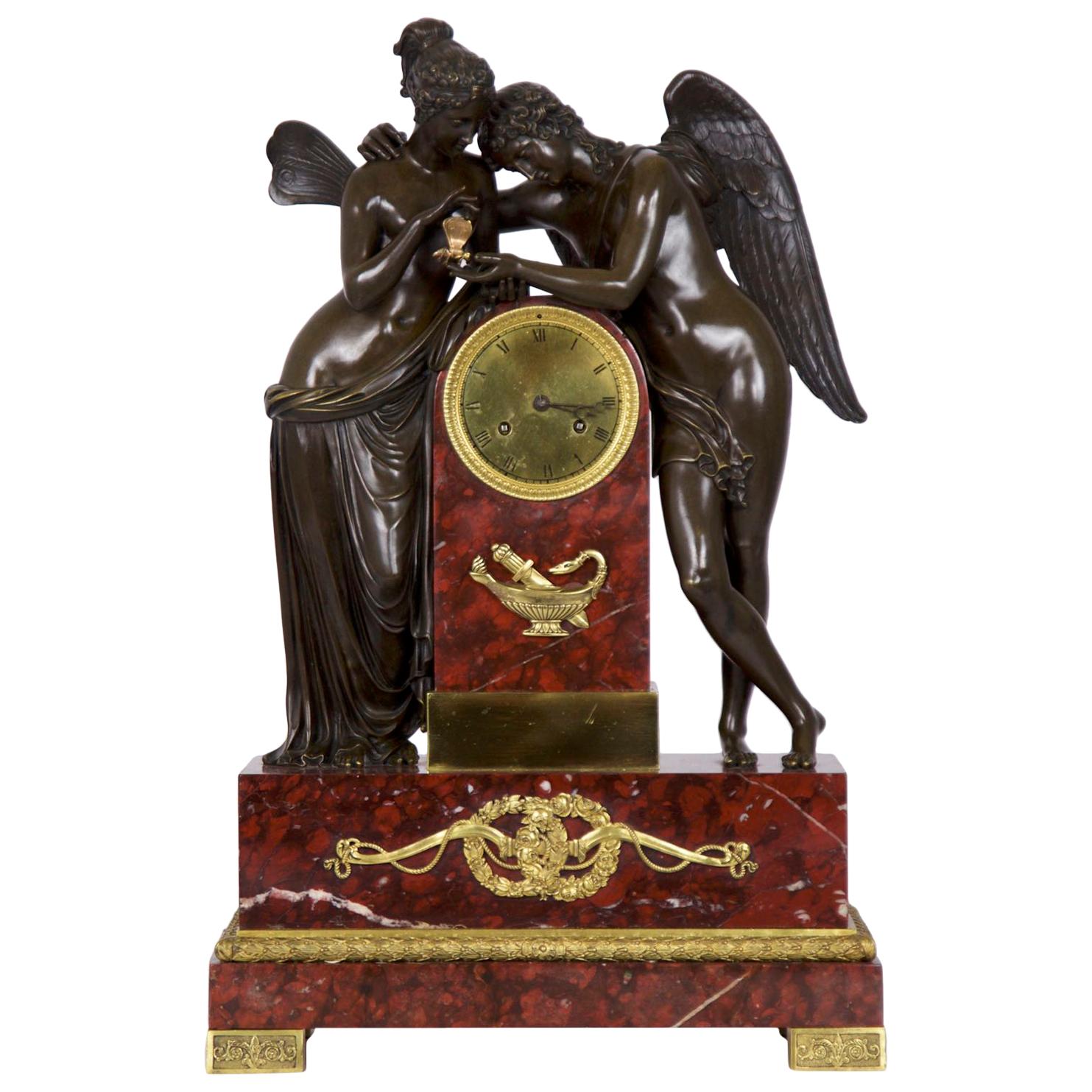 French Empire Antique Figural Bronze Mantel Clock of Psyche & Cupid, circa 1825