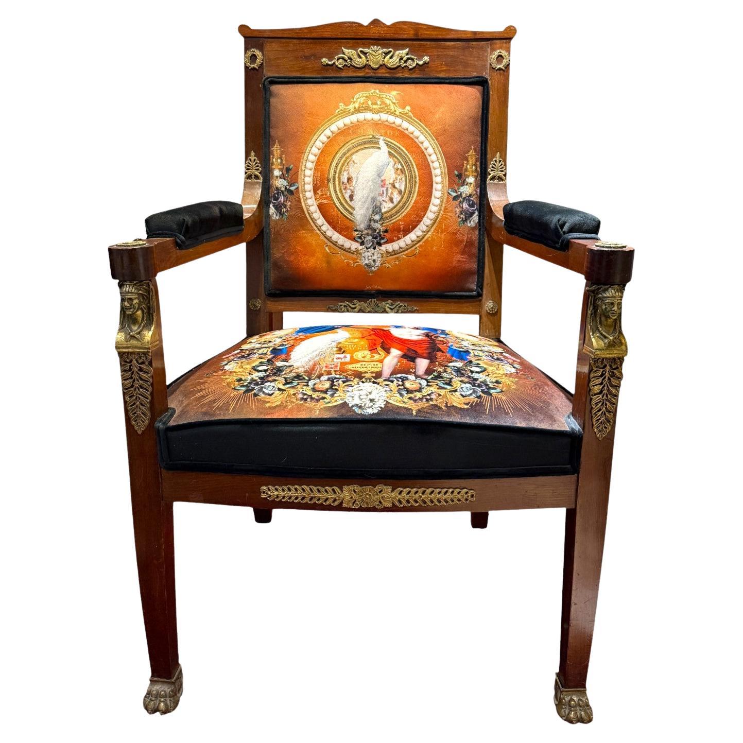 French Empire Armchair Reupholstered with Gilt Bronze Mounts, 19th century