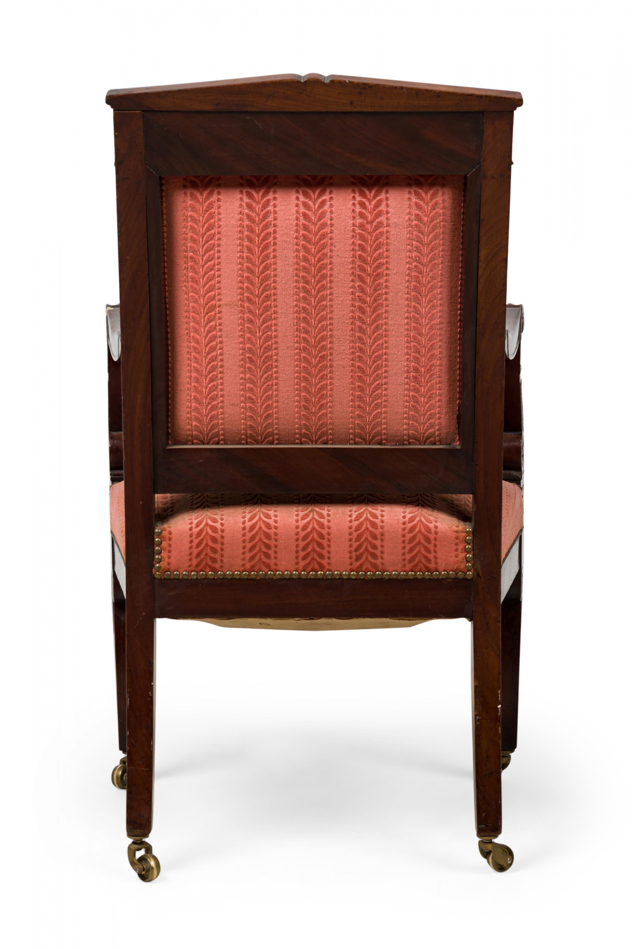 19th Century French Empire Armchair with Red Floral Striped Damask Upholstery For Sale