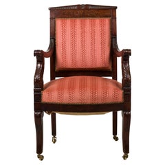 Antique French Empire Armchair with Red Floral Striped Damask Upholstery